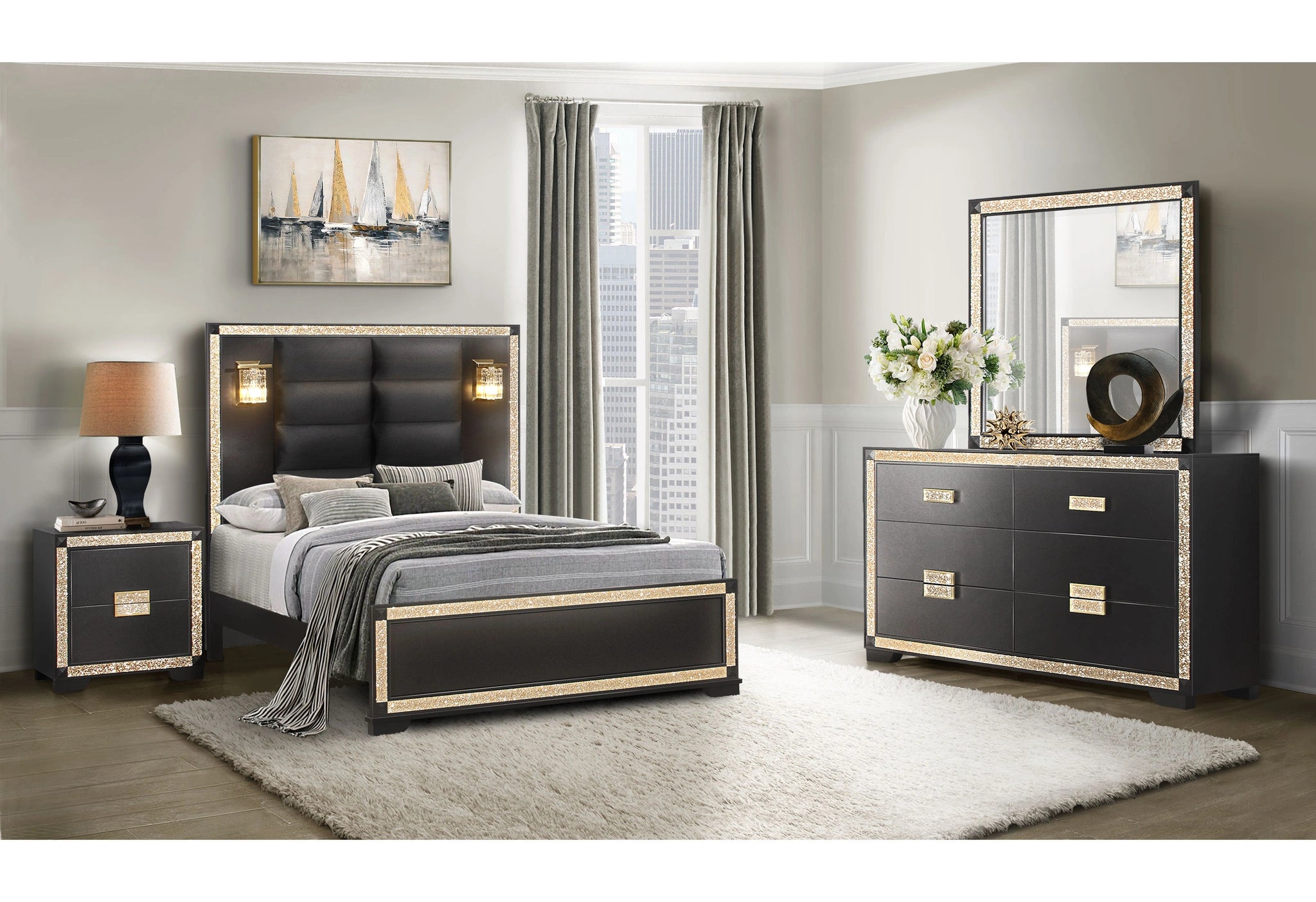Blake Black/Gold King Bed with Lamps, Dresser, Mirror, 2 Nightstand