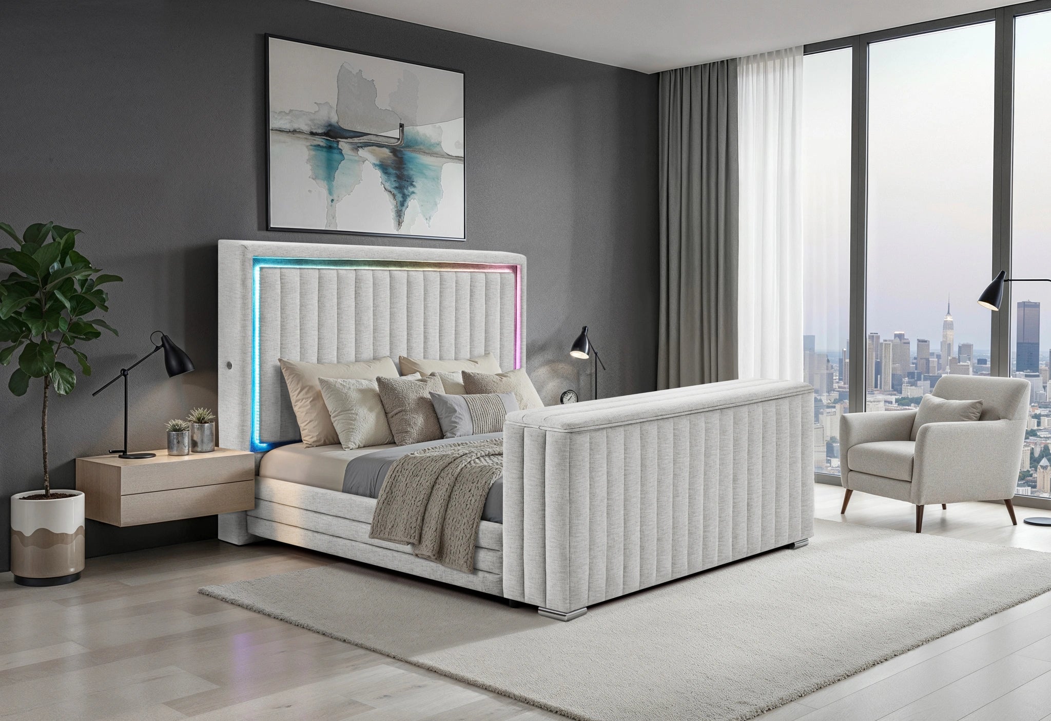 Elias Grey Bed with Immersive Sound Speaker, LED, TV Lift and Fp