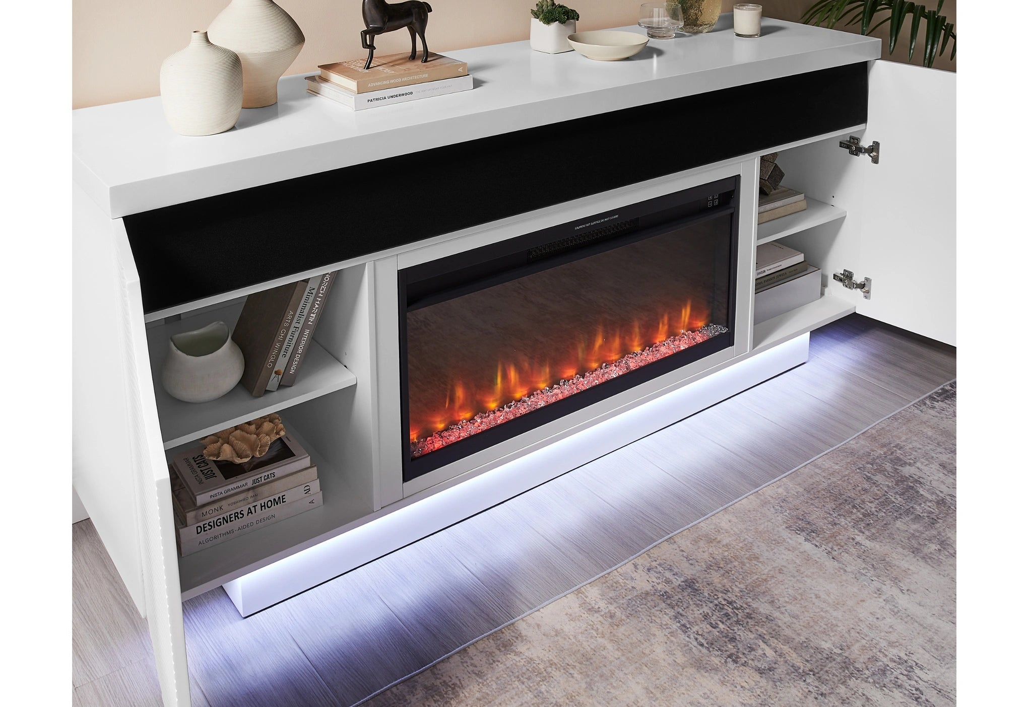 Aileen White 66" Ent Unit with LED, Speakers, Crystal and Pop-Up Doors