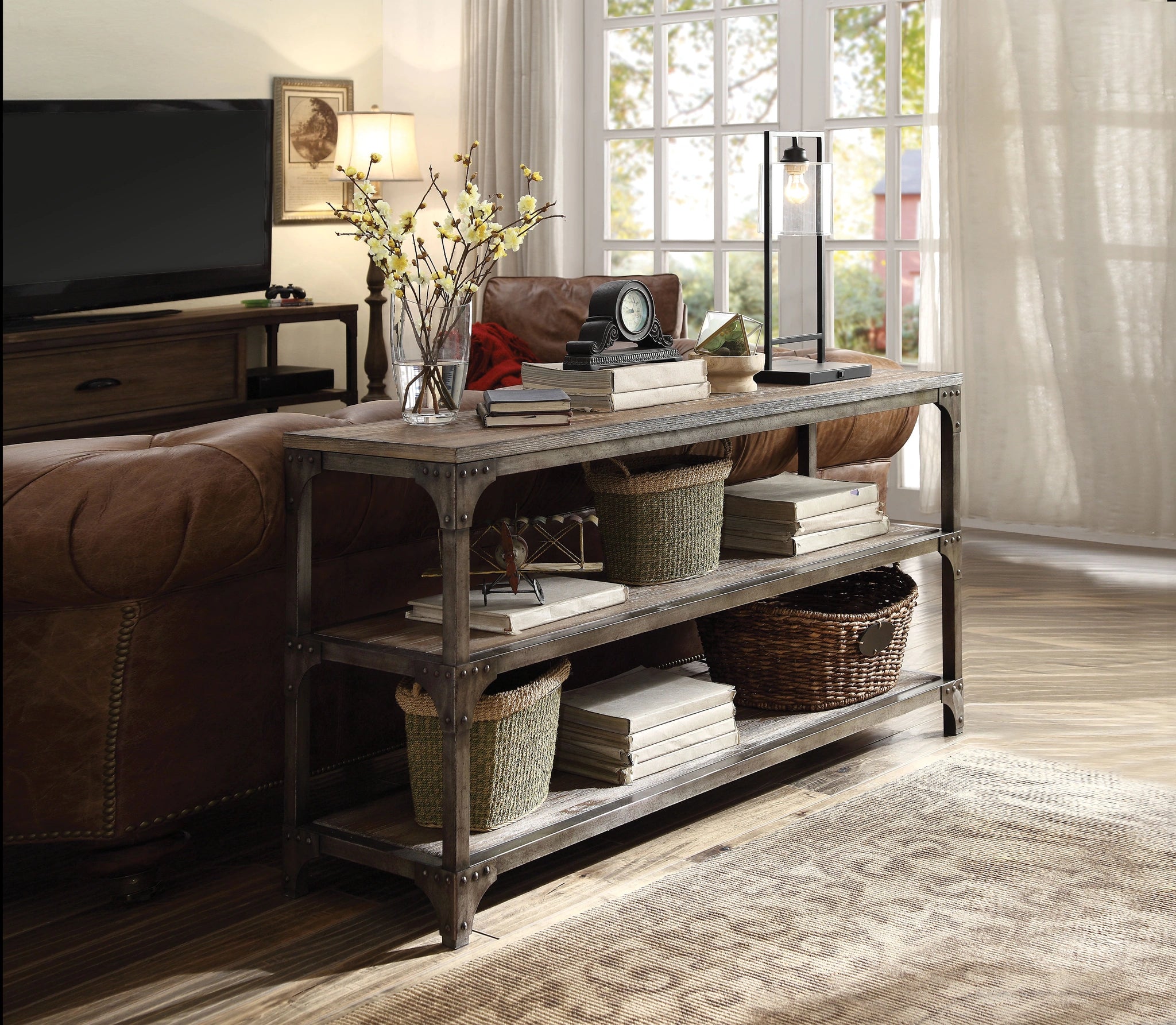 Gorden Weathered Oak & Antique Silver Console Table