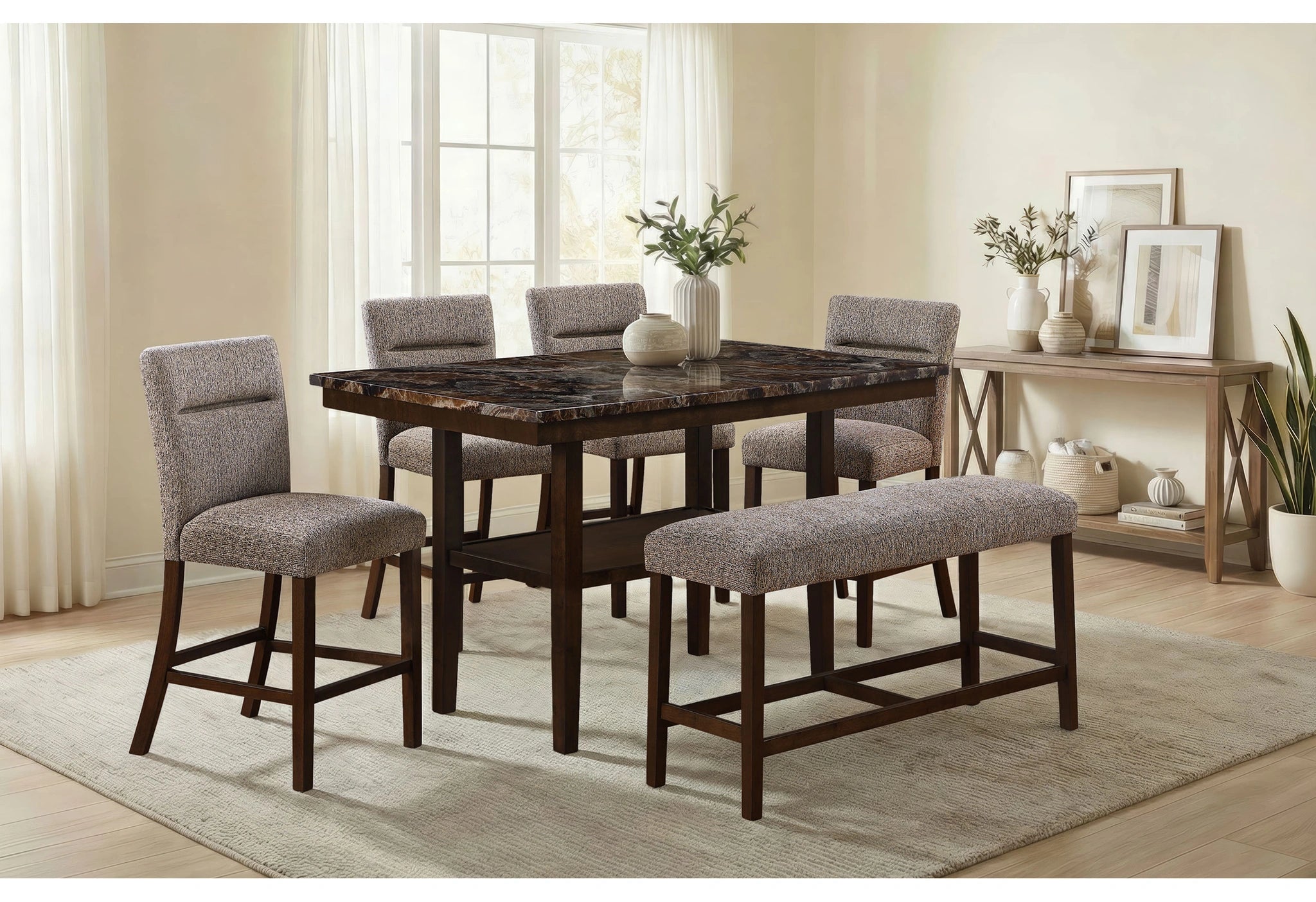 D4355 Brown Bar Table with 4 Bar Stools and Bench