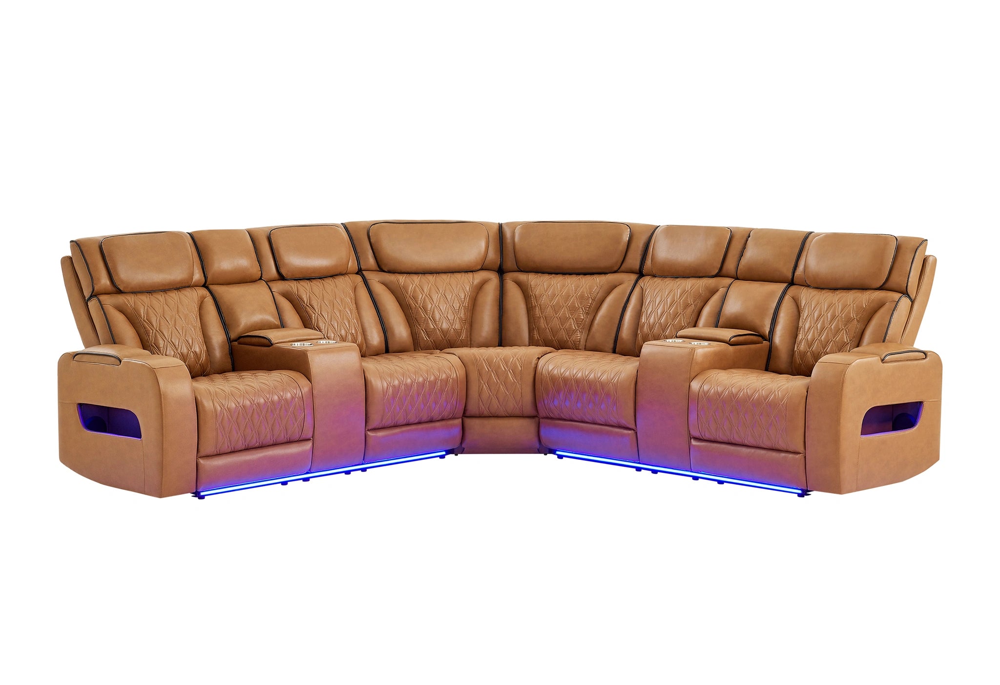 U8611 Camel Sectional with Power Headrest, Continuous LED and Speaker