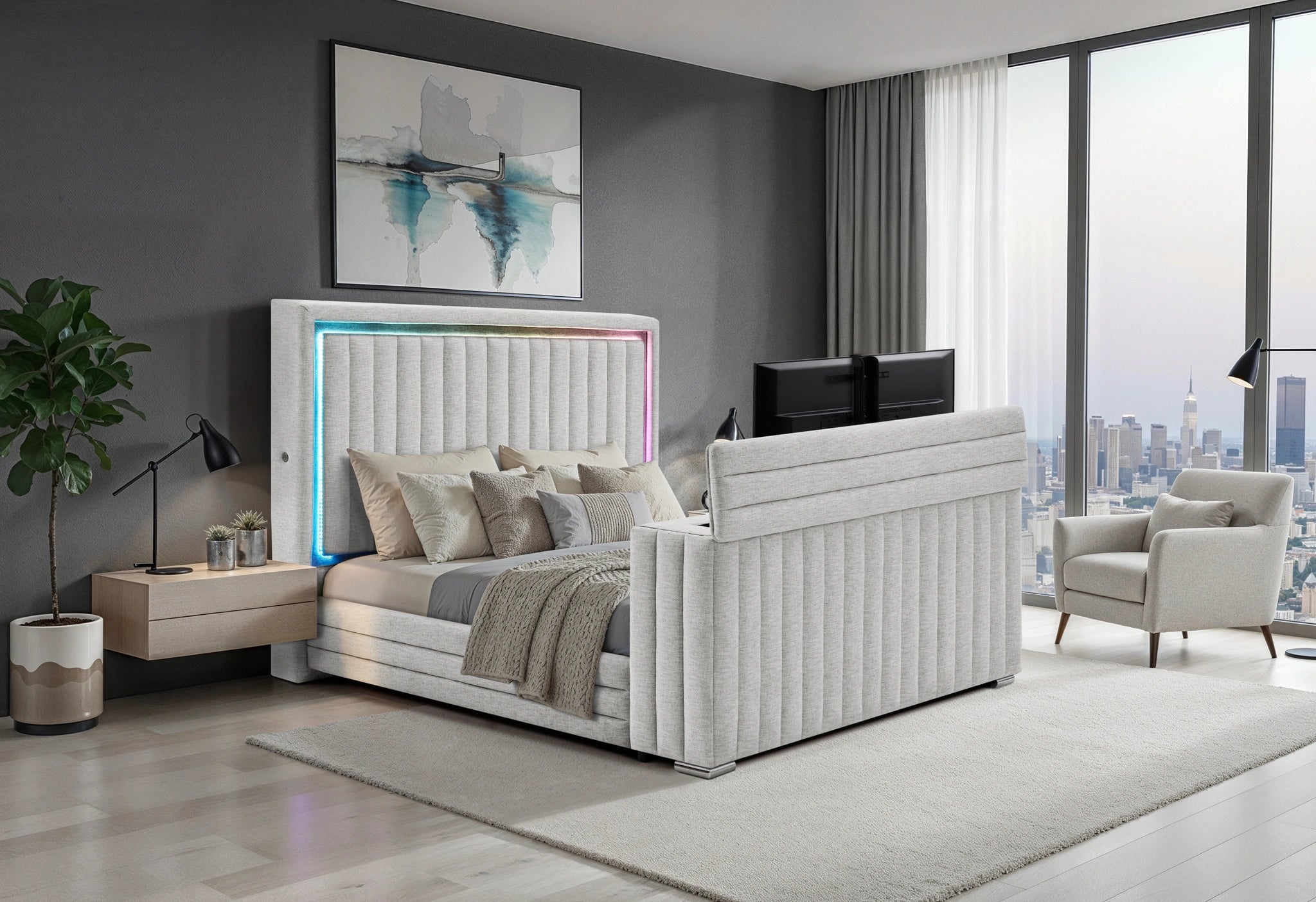 Elias Grey Bed with Immersive Sound Speaker, LED, TV Lift and Fp
