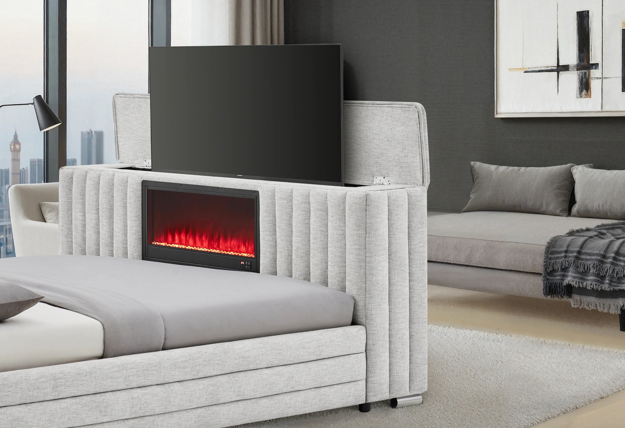 Elias Grey Bed with Immersive Sound Speaker, LED, TV Lift and Fp