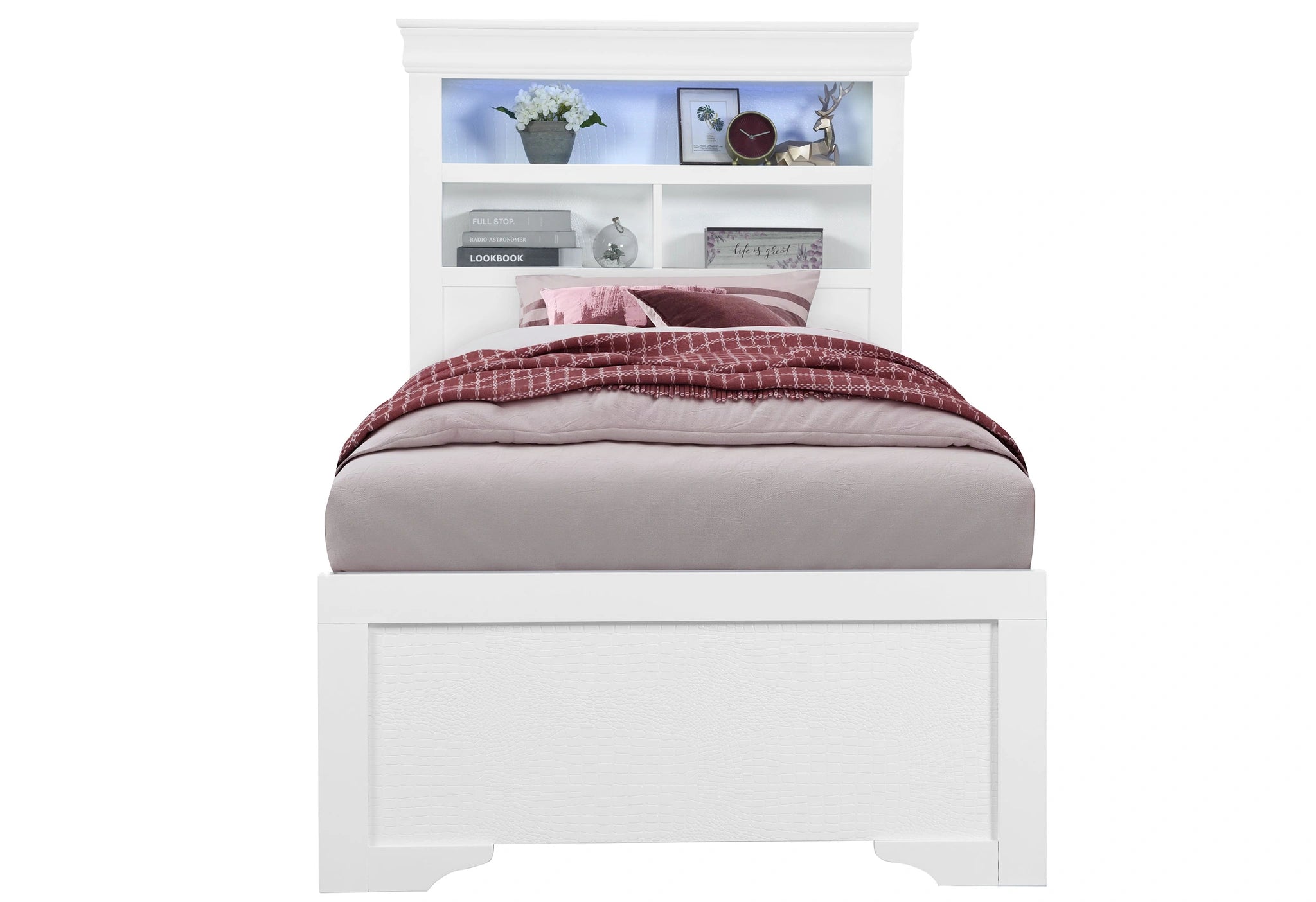 Pompei Metallic White Bookcase Twin Bed with LED