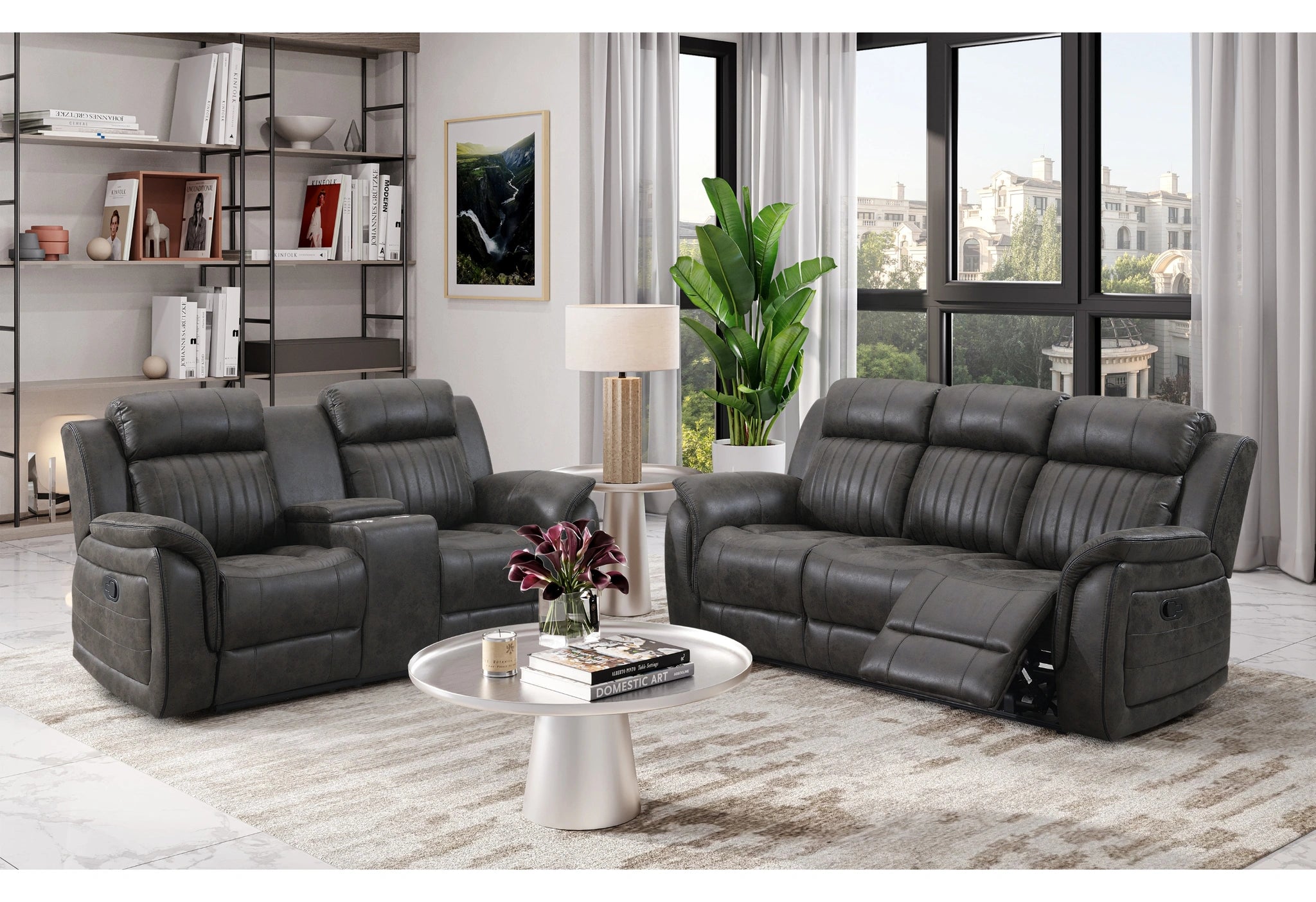 U8517 Grey Reclining Sofa/Console Reclining Loveseat