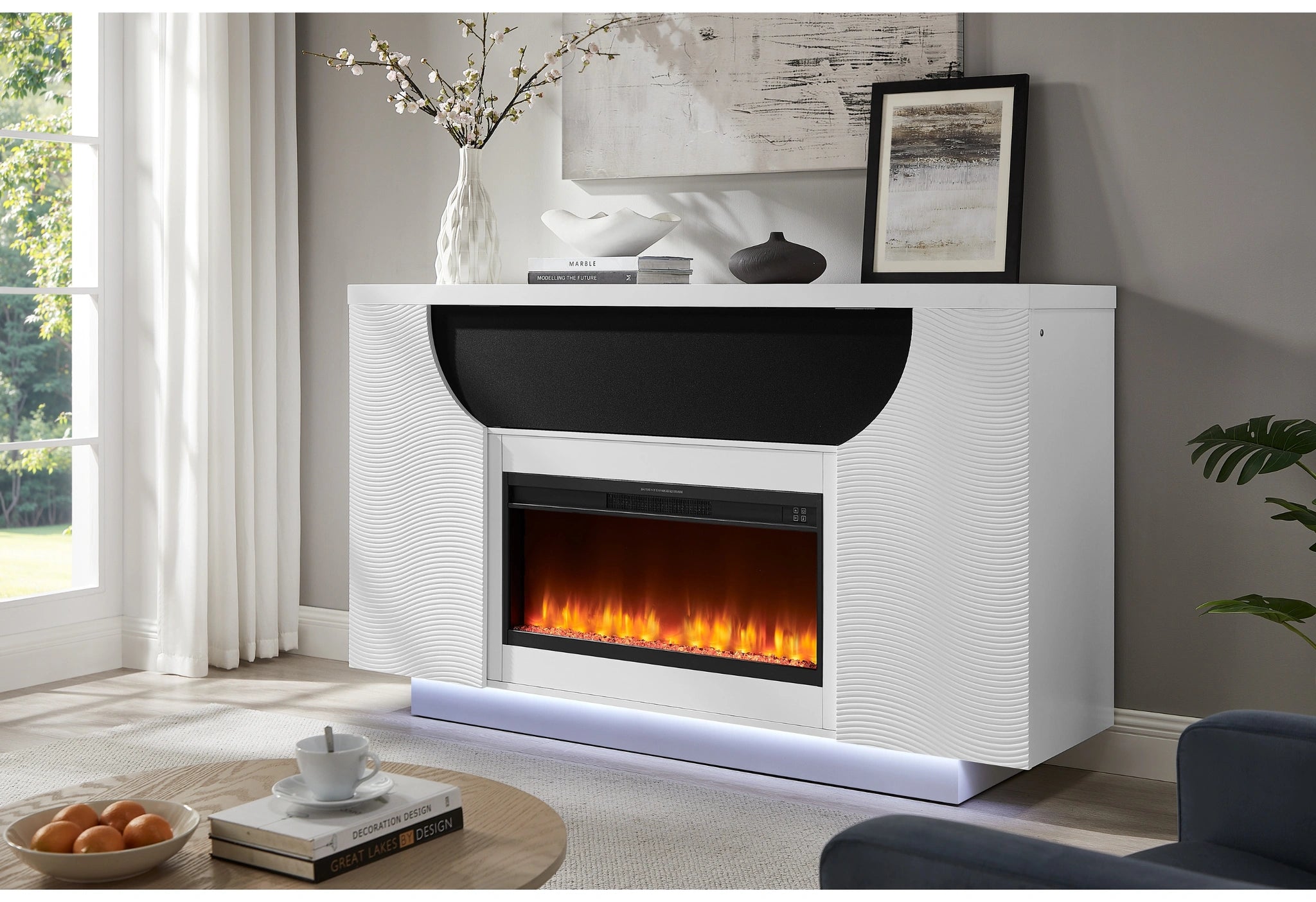 Aveena White 76" Ent Unit with TV, LED, Speakers, Crystal and Pop-Up