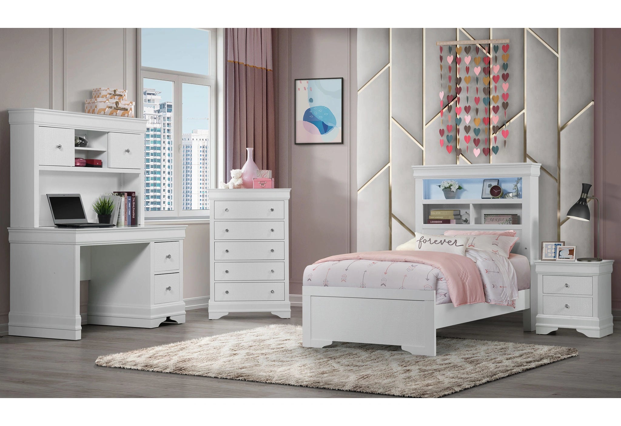 Pompei Metallic White Bookcase Twin Bed with LED