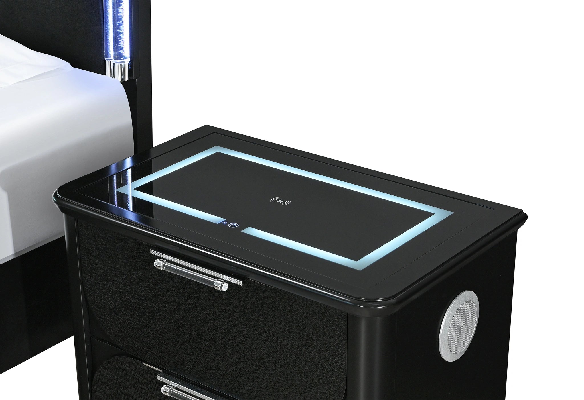 Lando Black Nightstand with Speaker and Wireless Charging Platform