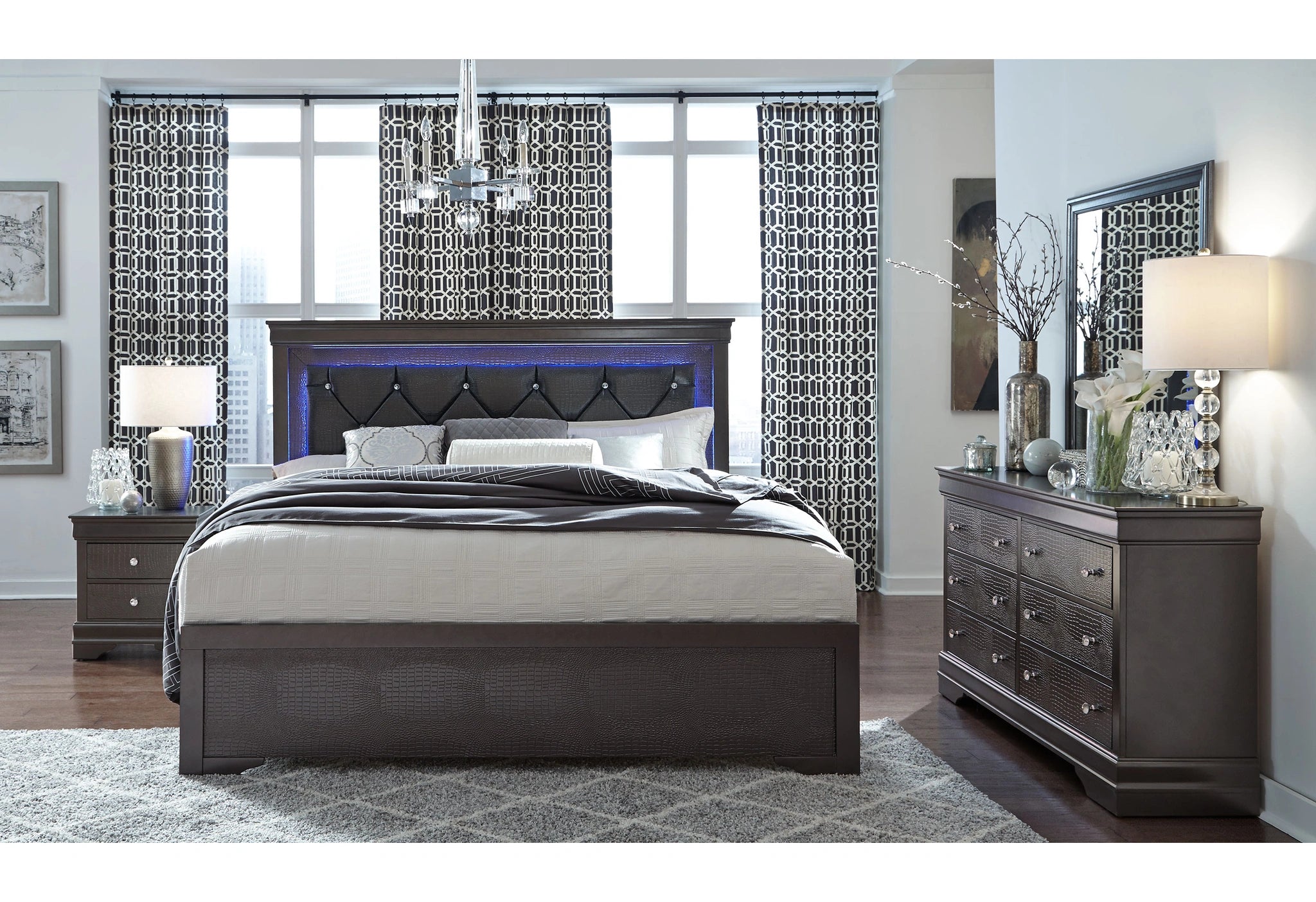 Pompei Queen Bed, Dresser, Mirror and 2 Nightstands