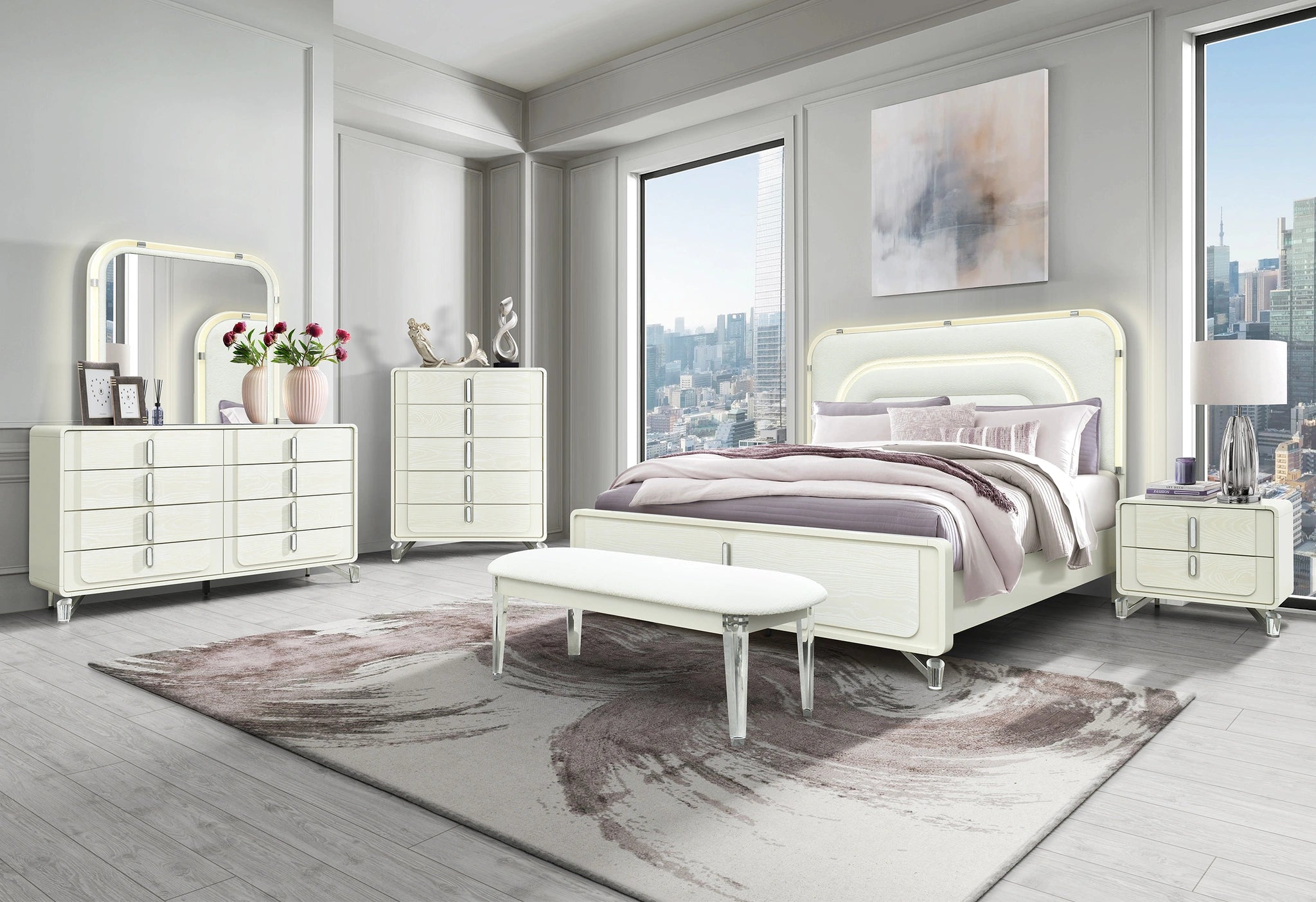 Lyra Beige Bed with LED