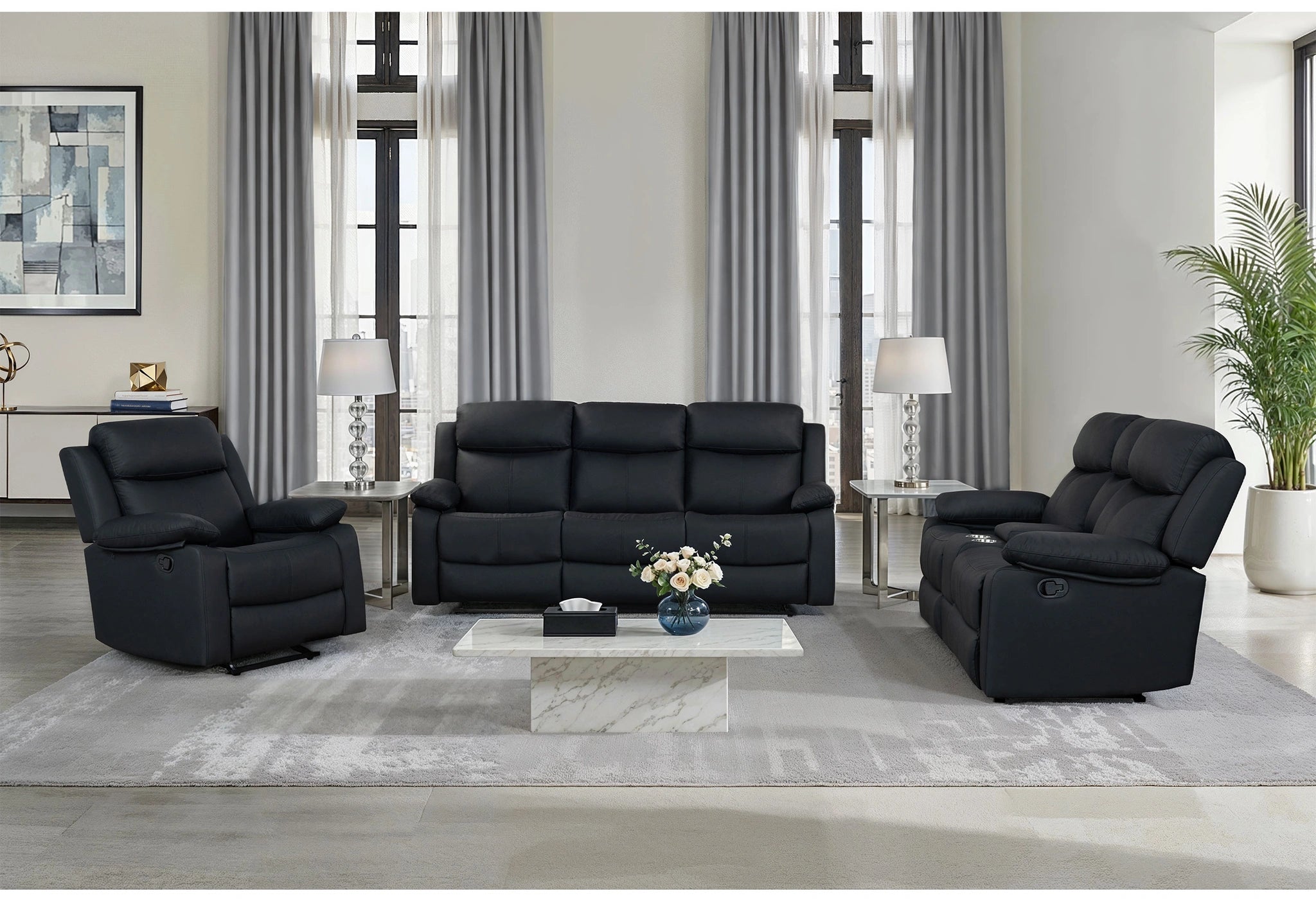 U6026 Black Pu 72A Rec Sofa/Console Rec Loveseat with LED and Speaker