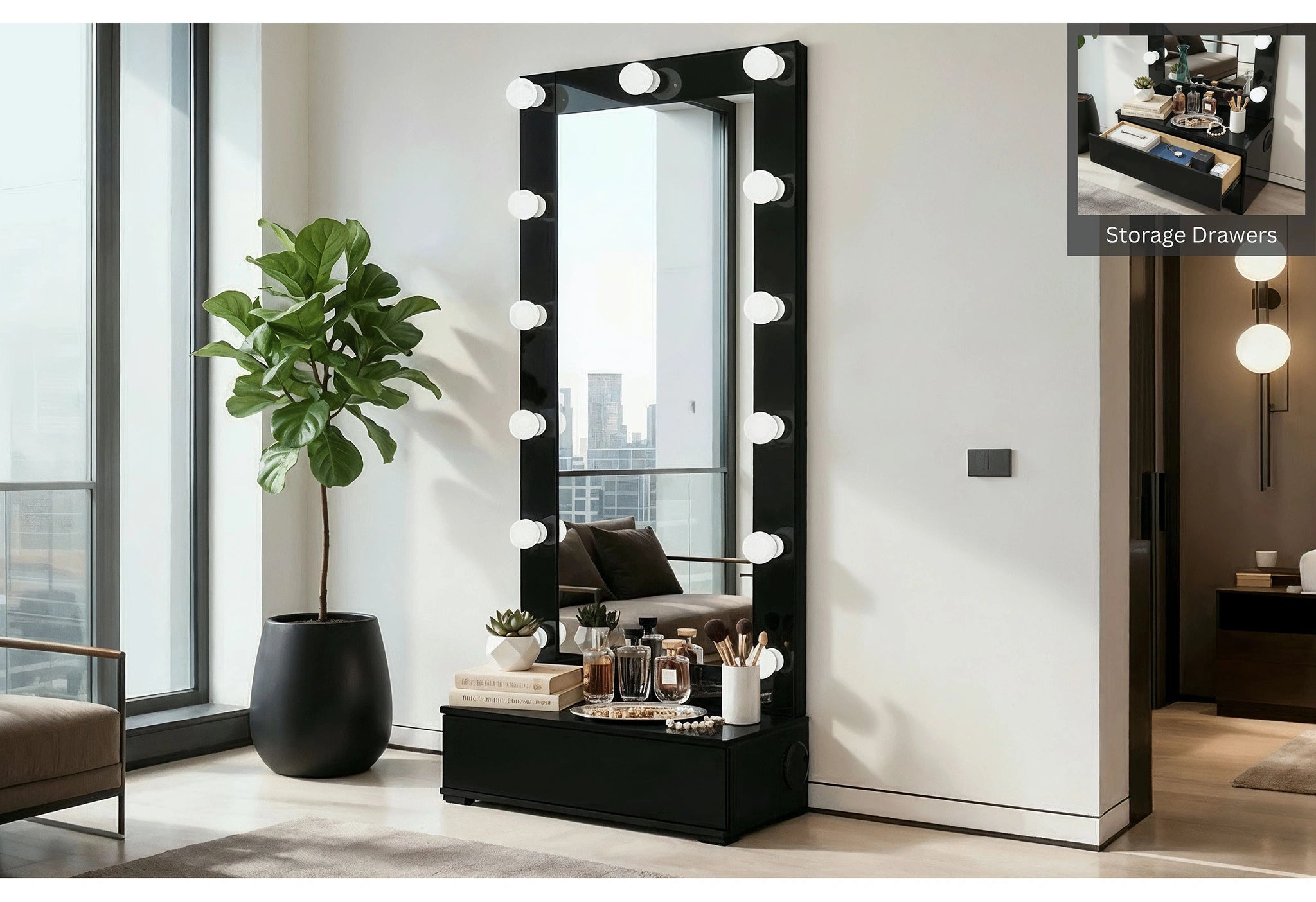 Ella Black Narrow Tall Mirror with Drawer and Speaker