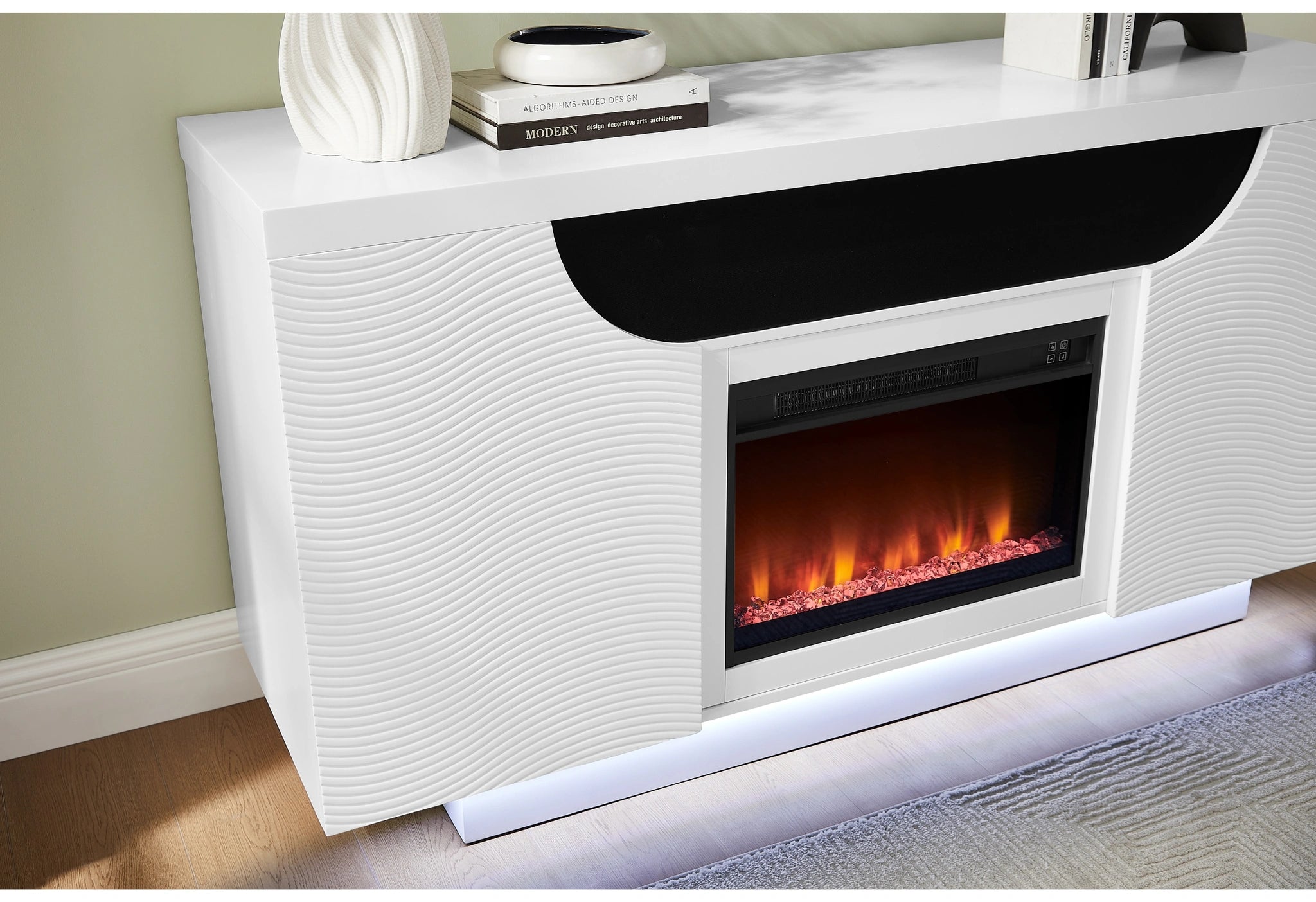 Aileen White 66" Ent Unit with LED, Speakers, Crystal and Pop-Up Doors