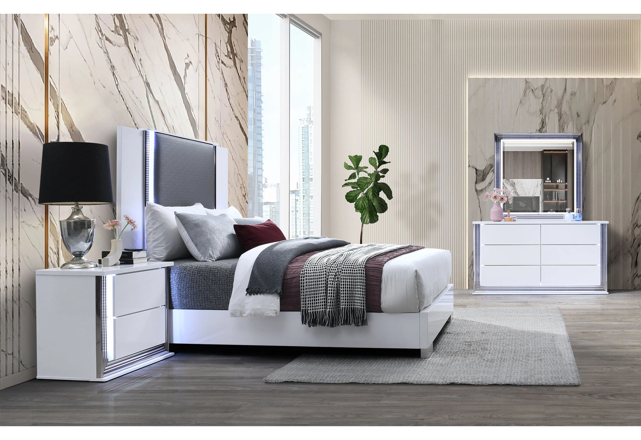 Ylime Smooth White Bed, Dresser, Mirror, Nightstand