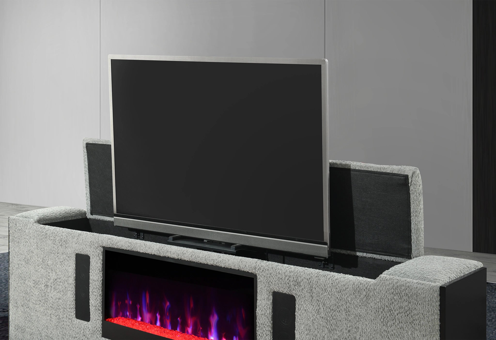 Isabella Grey Bed with LED, TV Lift, Speaker and Fireplace