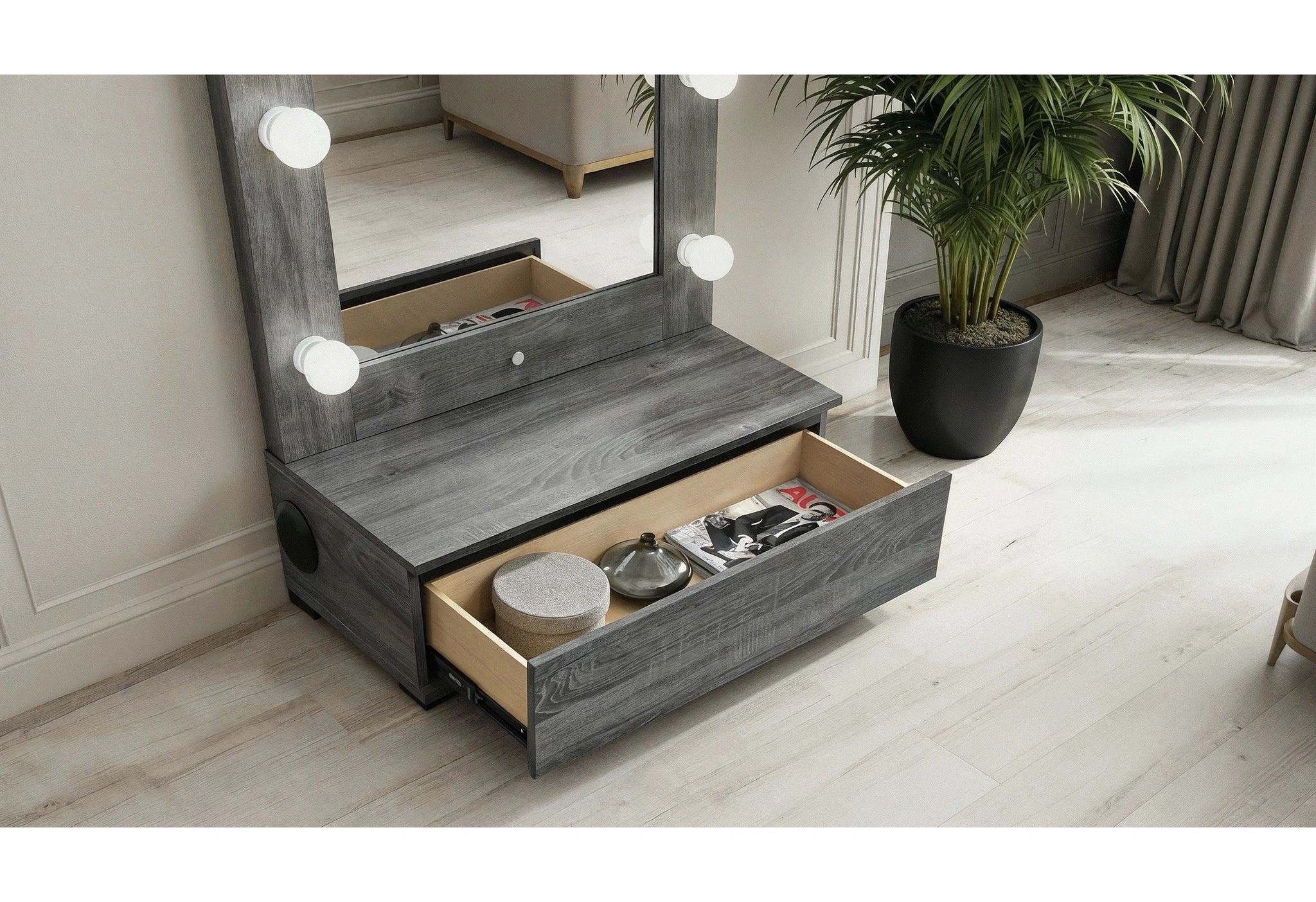 Lexi Grey Tall Mirror with Drawer and Speakers
