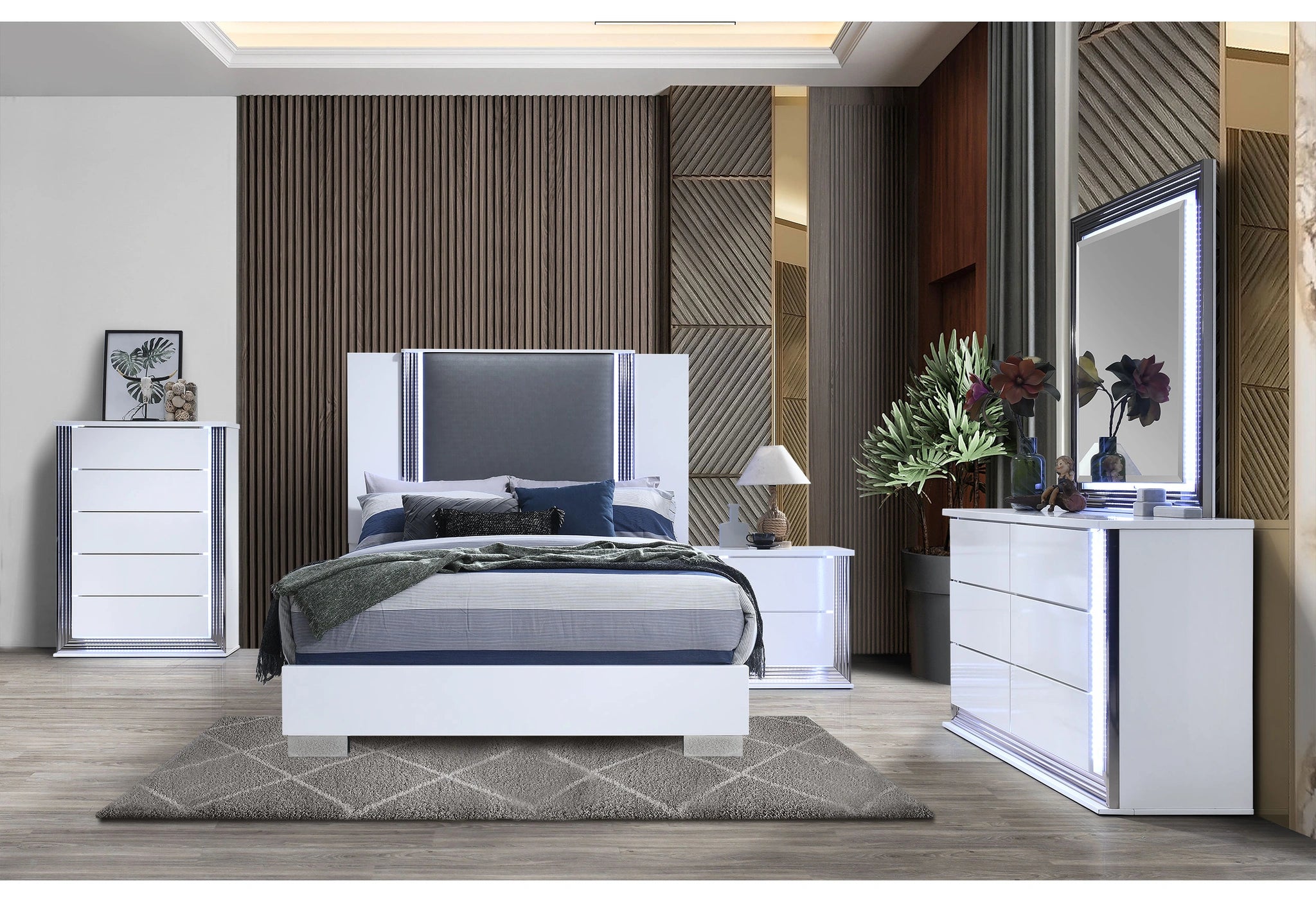Ylime Smooth White Bed, Dresser, Mirror, Nightstand