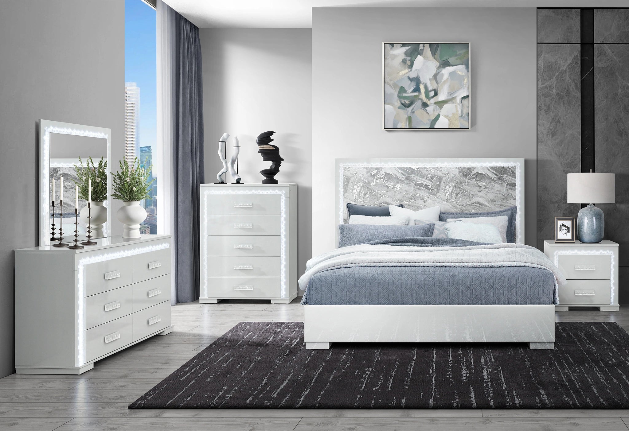 Naomi Silver Marble Nightstand with LED