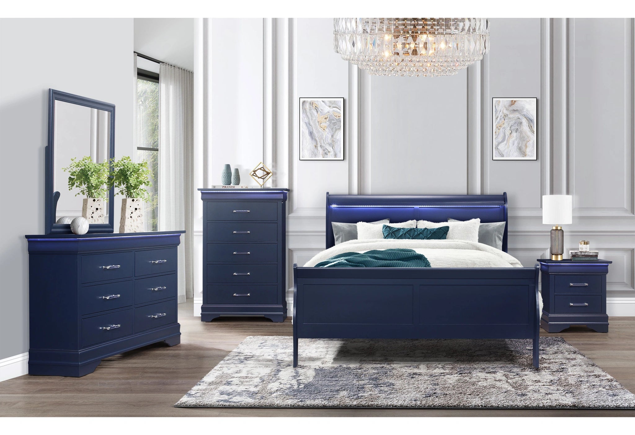 Charlie Blue Queen Bed, Dresser, Mirror and 2 Nightstands