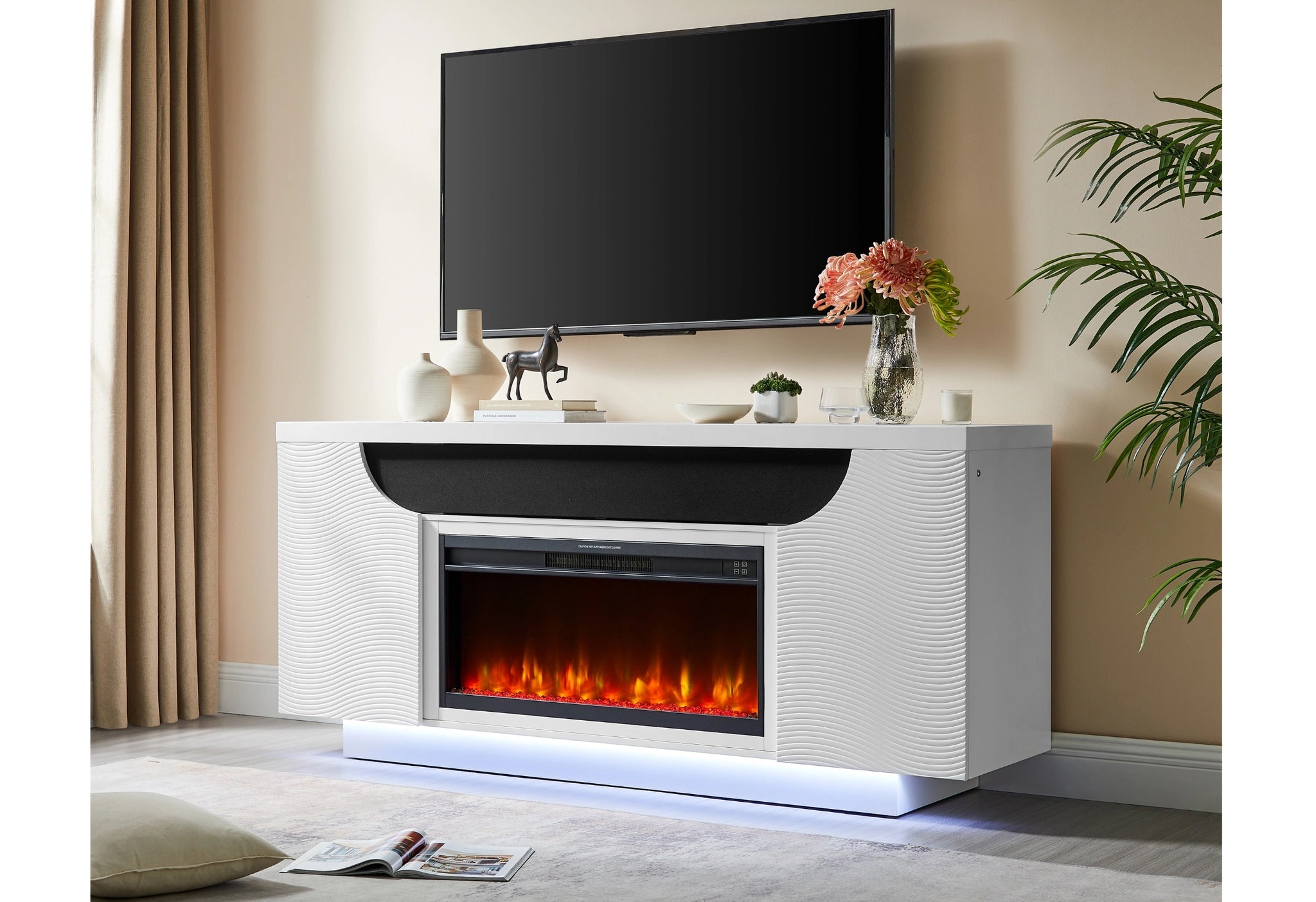 Aileen White 66" Ent Unit with LED, Speakers, Crystal and Pop-Up Doors