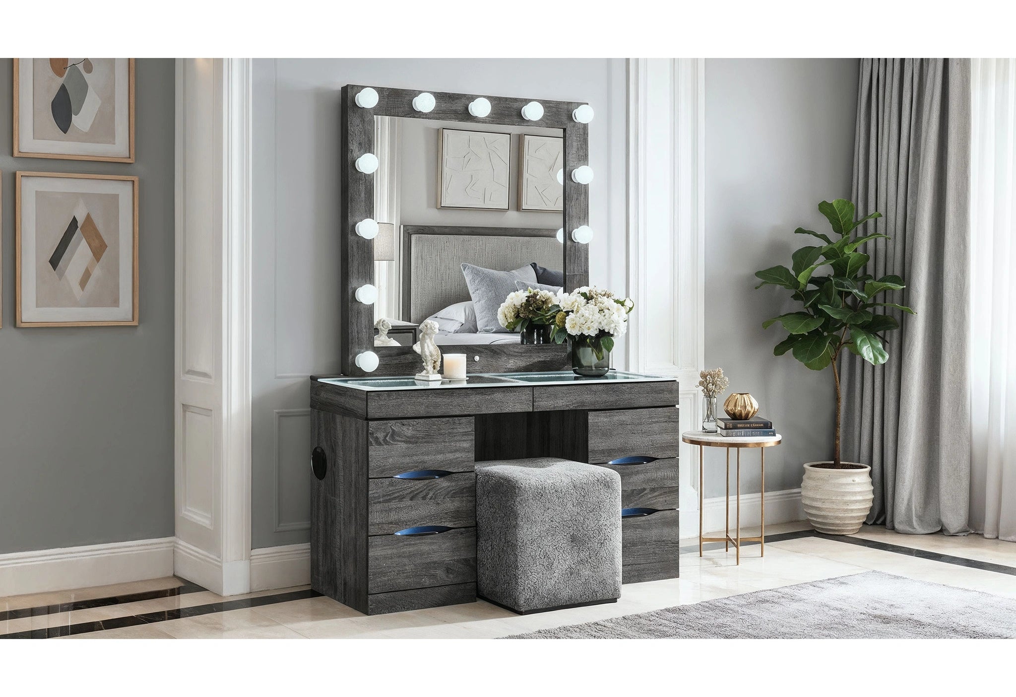 Lexi Grey Vanity Set with Stool