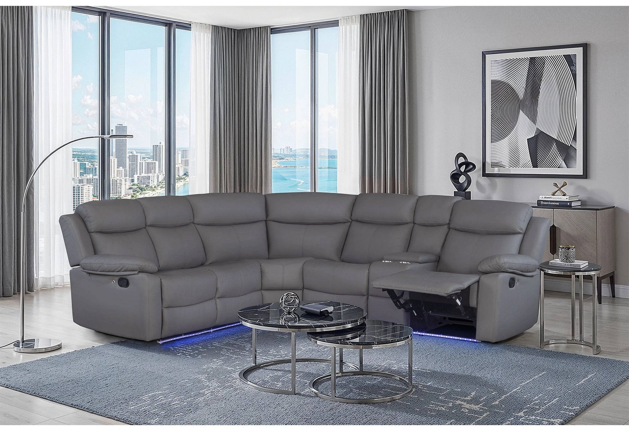 U6026 Grey Pu 46A Right Side Facing Sectional with LED and Speaker