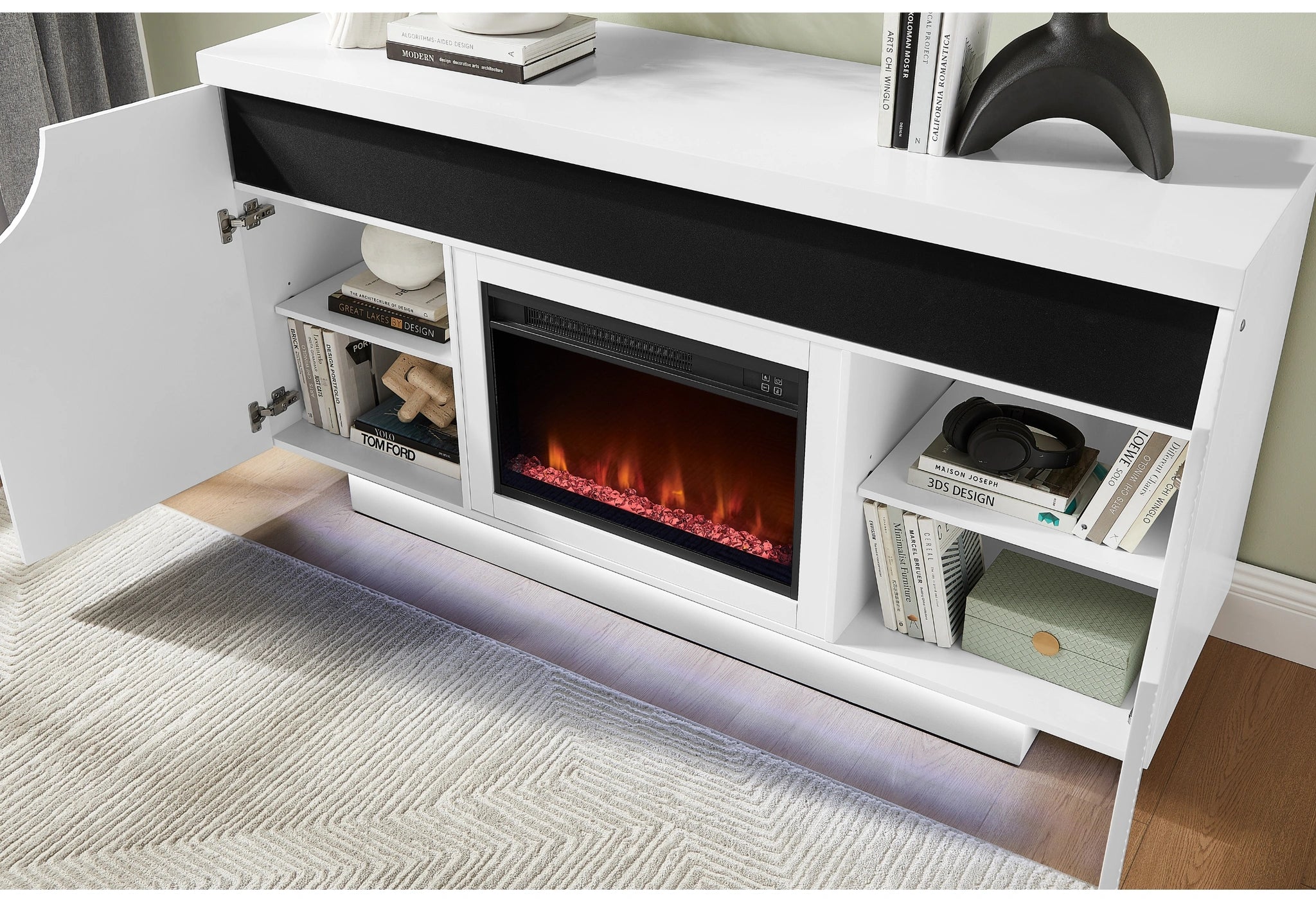 Aileen White 66" Ent Unit with LED, Speakers, Crystal and Pop-Up Doors