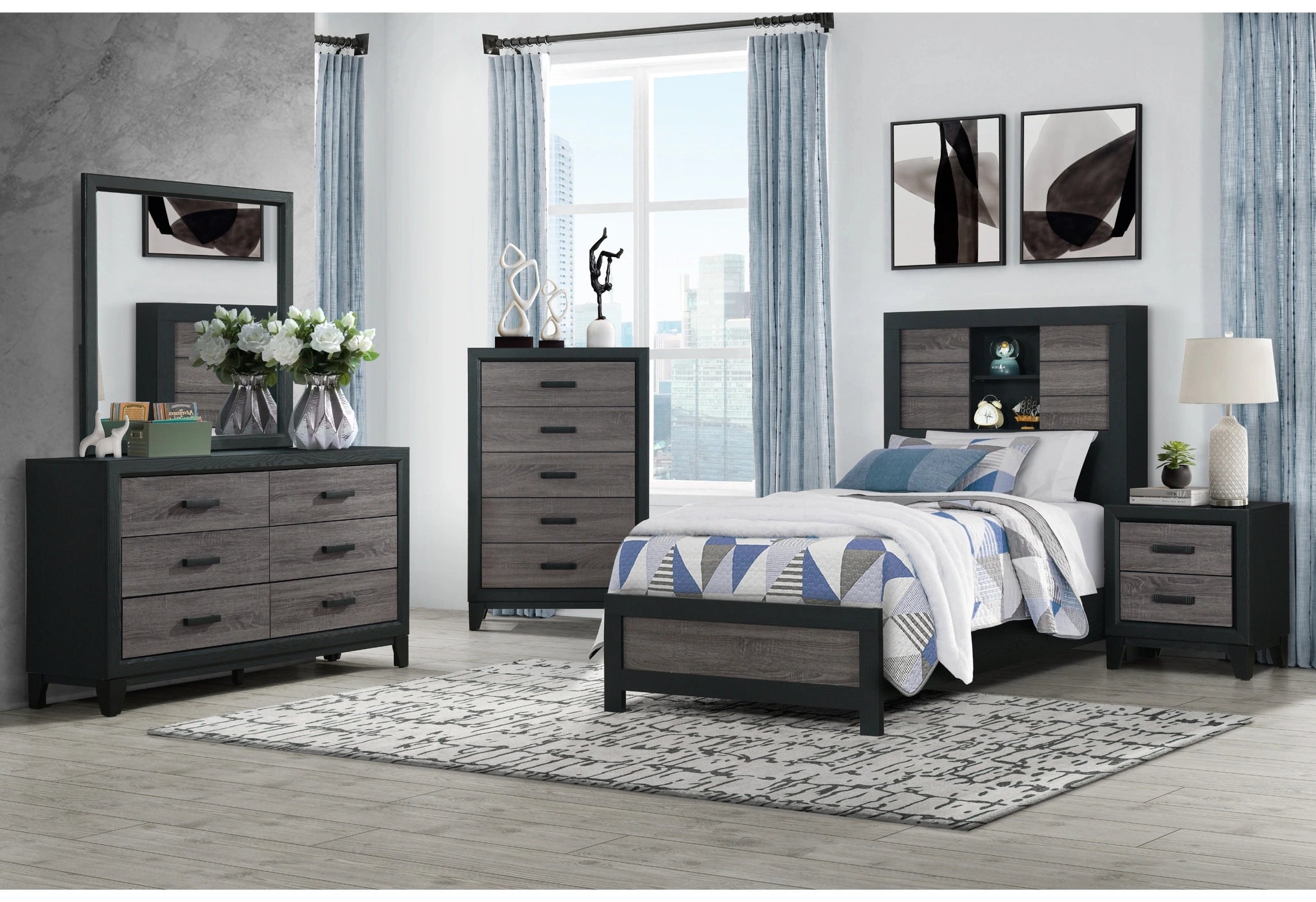 Lisbon Grey/Black Bookcase Twin Bed, Dresser, Mirror and Nightstand