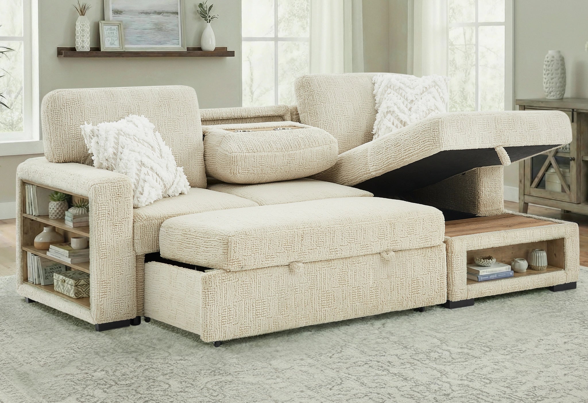 U0222 Ivory Pull Out Sofa Bed with Speaker and 2 Pillows