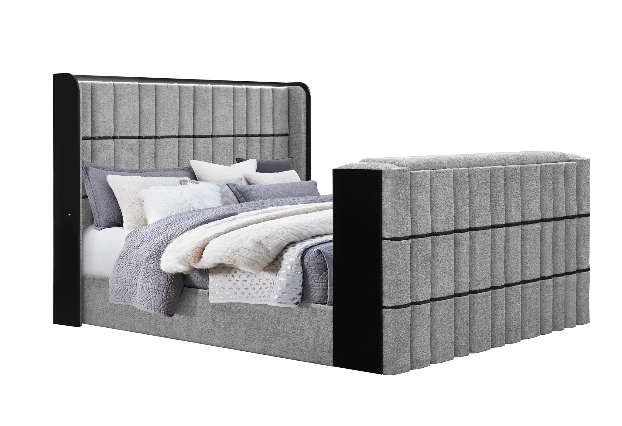 Isabella Grey Bed with LED, TV Lift, Speaker and Fireplace