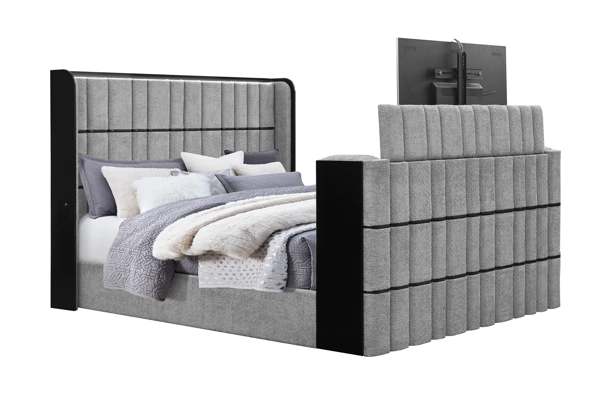 Isabella Grey Bed with LED, TV Lift, Speaker and Fireplace