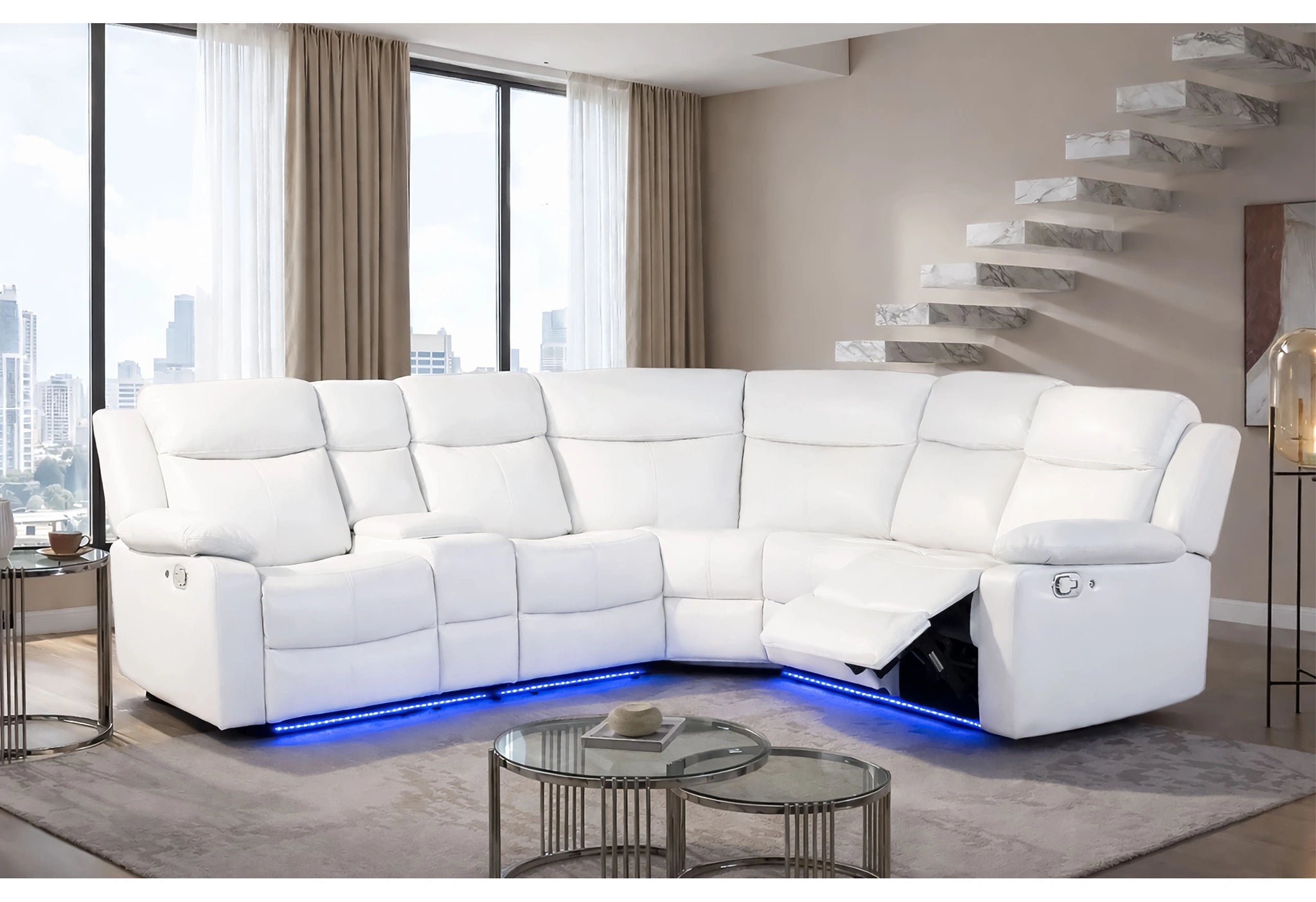 U6026 Blanche White Right Side Facing Sectional with LED and Speaker