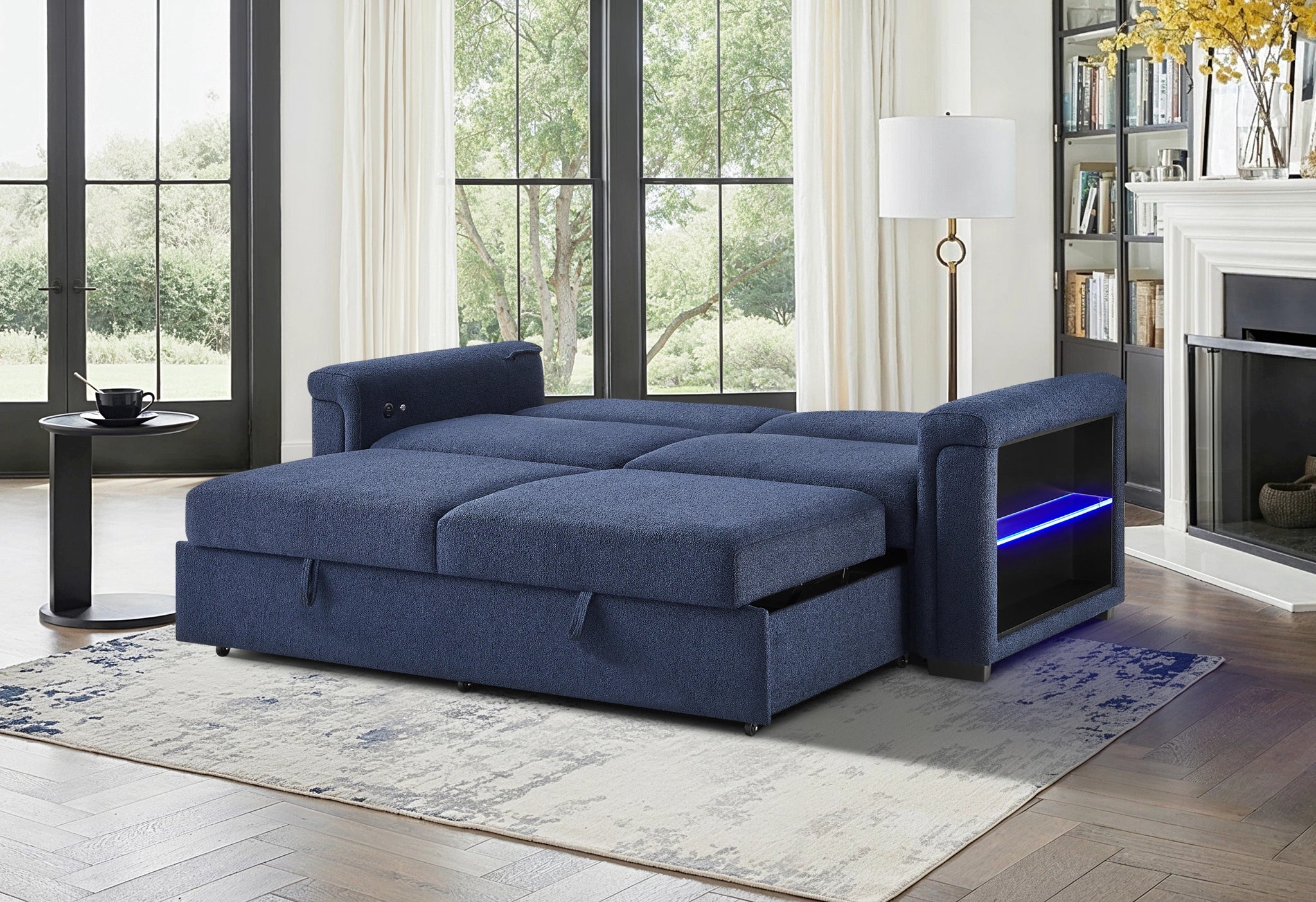 U0211 Navy Pull Out Sofa Bed with LED Acrylic Shelves and Speakers