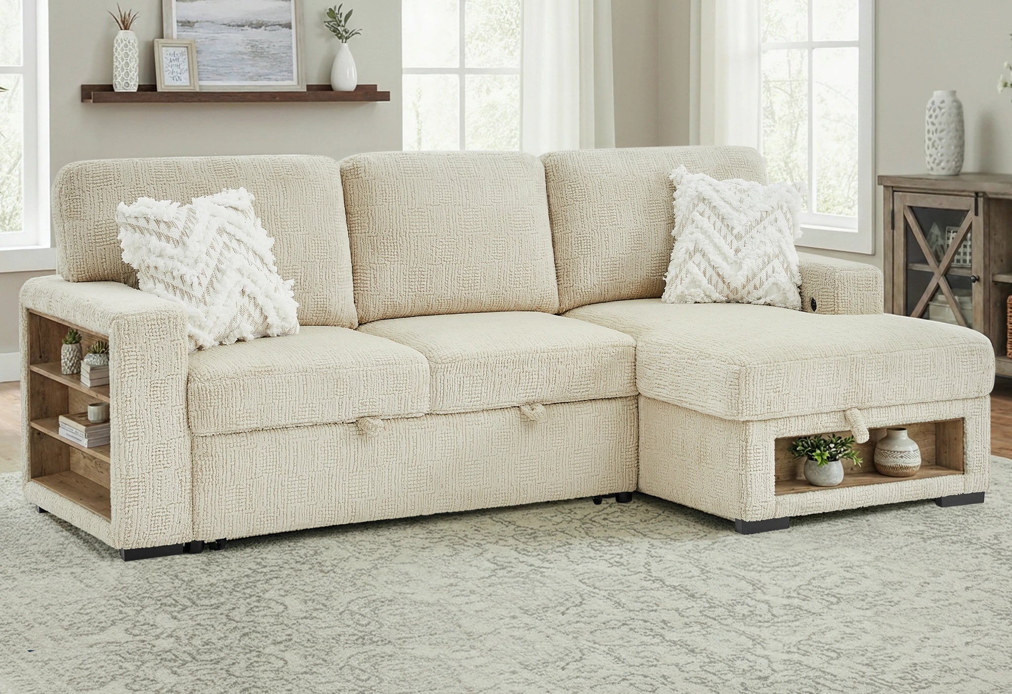 U0222 Ivory Pull Out Sofa Bed with Speaker and 2 Pillows
