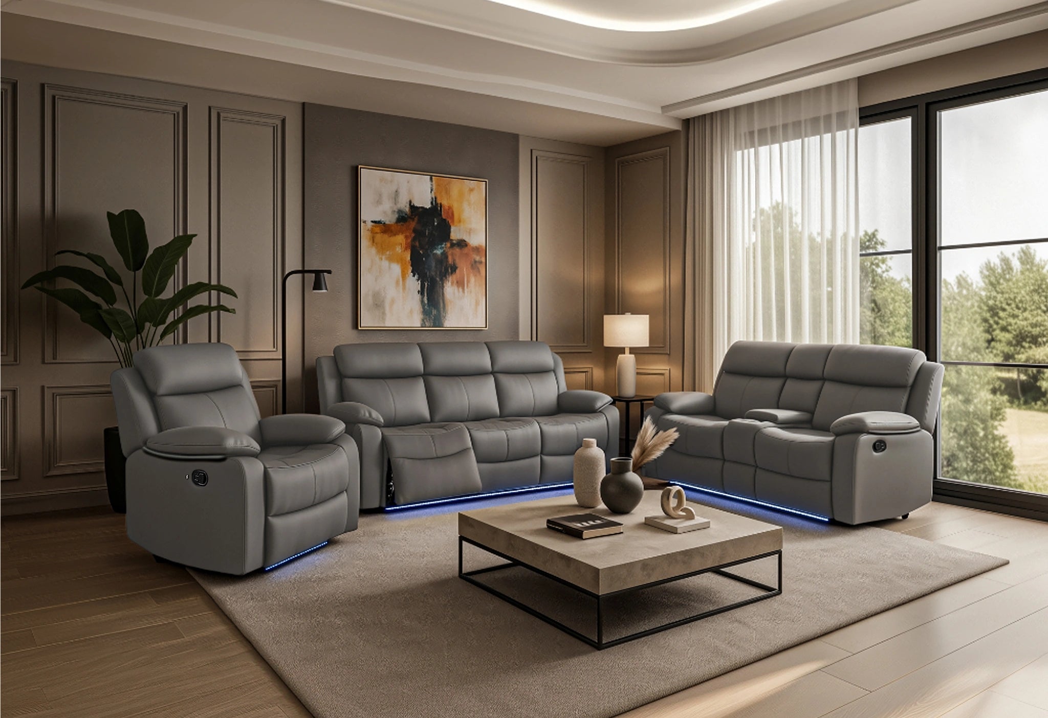 U6026 Grey Pu 46A Rec Sofa/Con Rec Loveseat with Speaker/Glider Rec