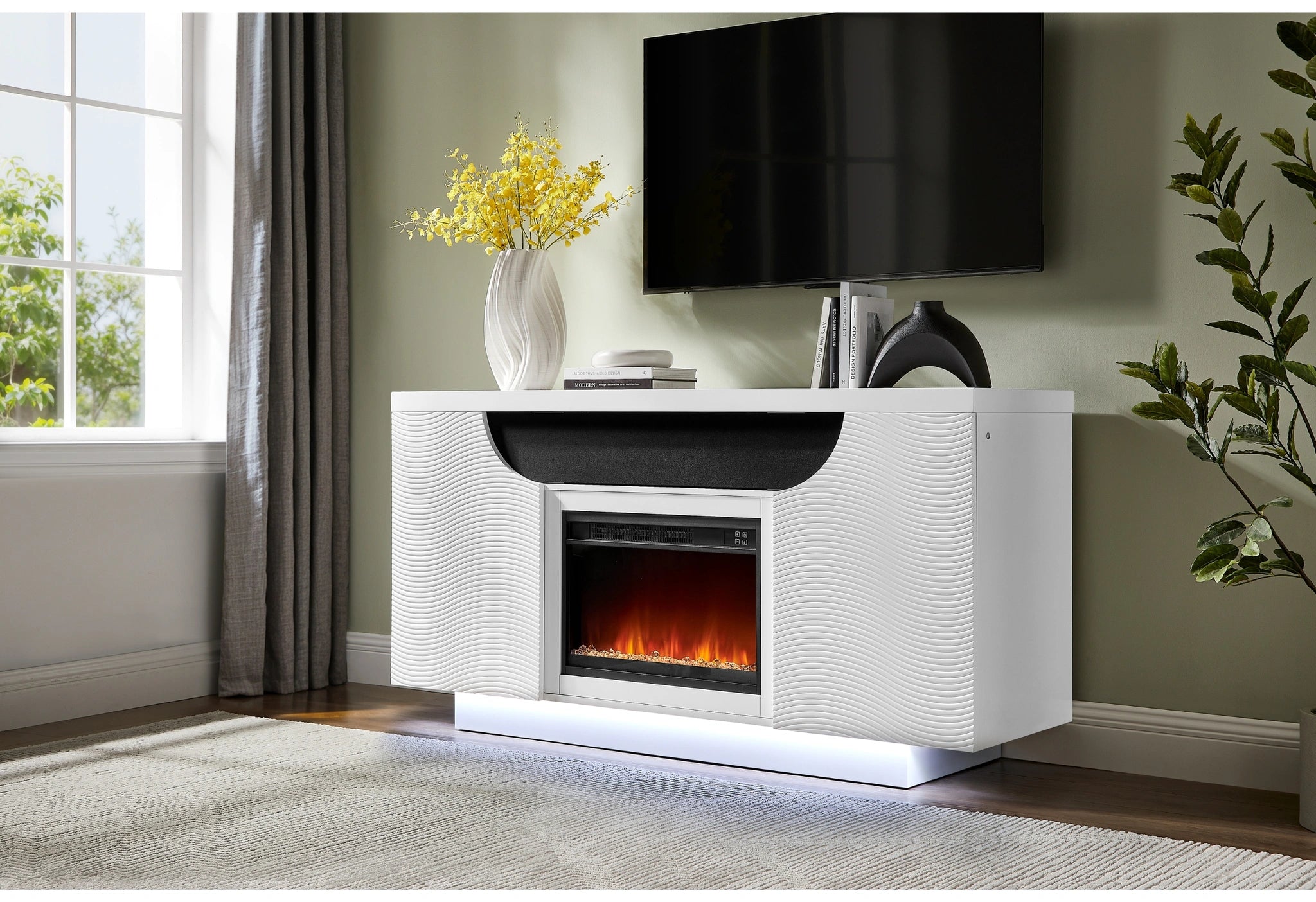 Aileen White 66" Ent Unit with LED, Speakers, Crystal and Pop-Up Doors