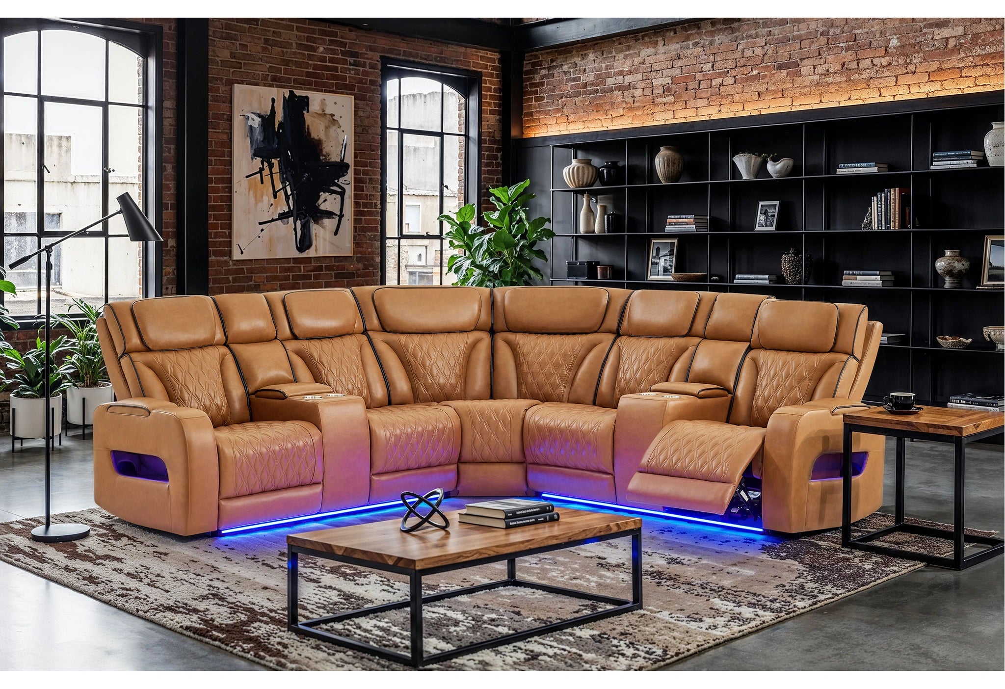 U8611 Camel Sectional with Power Headrest, Continuous LED and Speaker