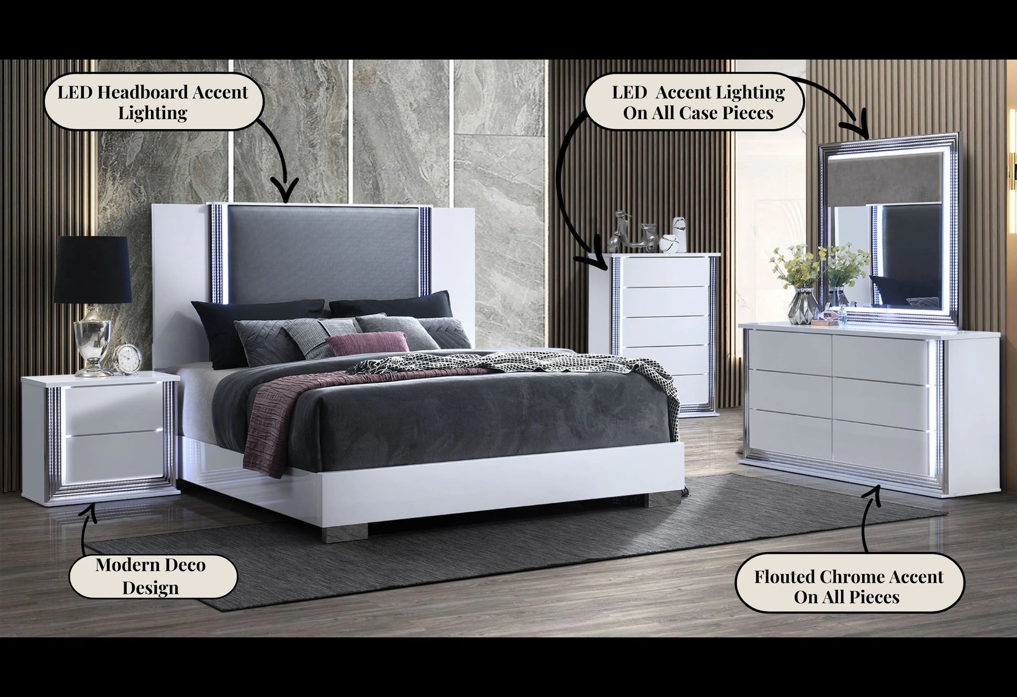 Ylime Smooth White Bed, Dresser, Mirror, Nightstand