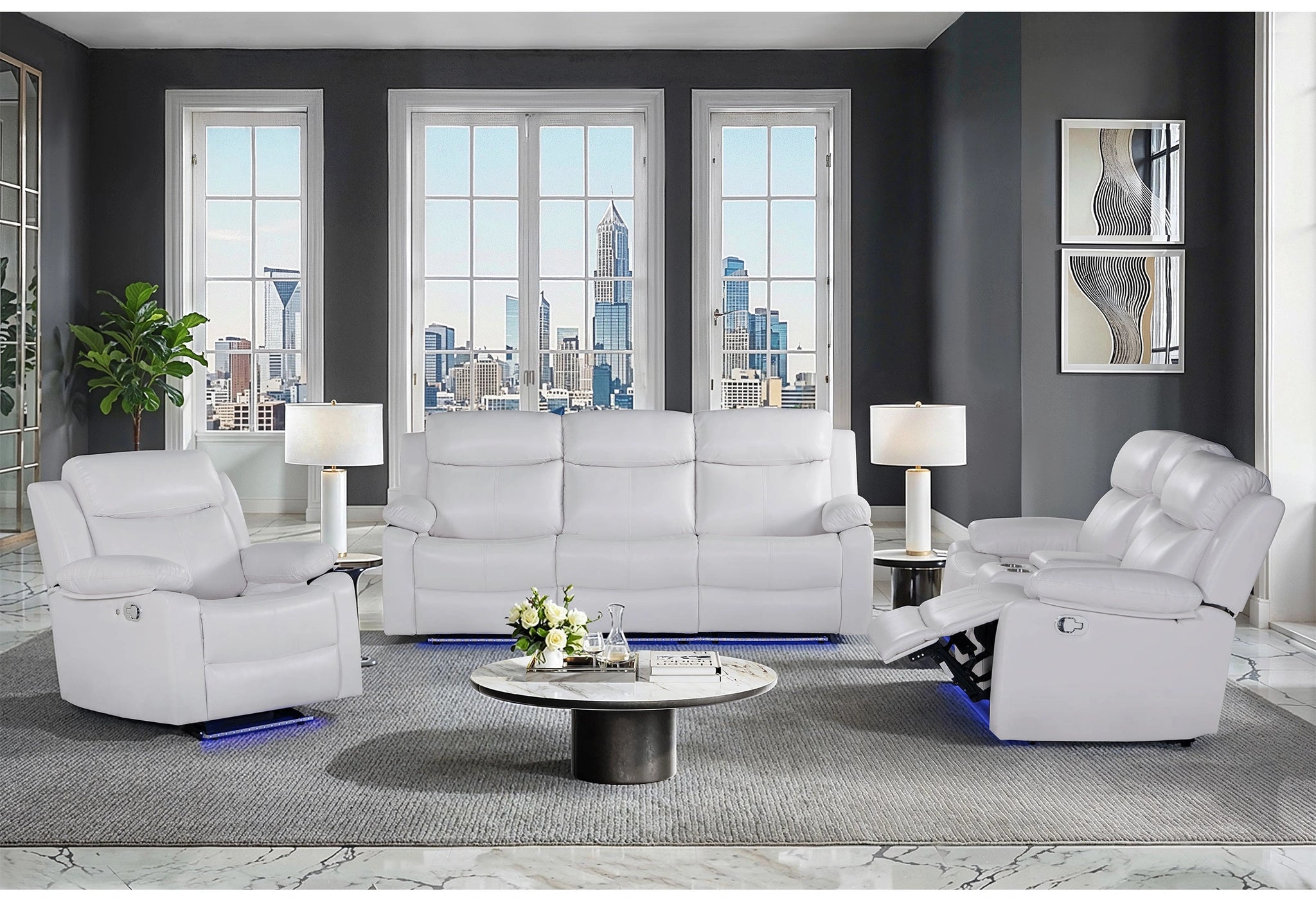 U6026 Blanche White Rec Sofa/Console Rec Loveseat with LED and Speaker