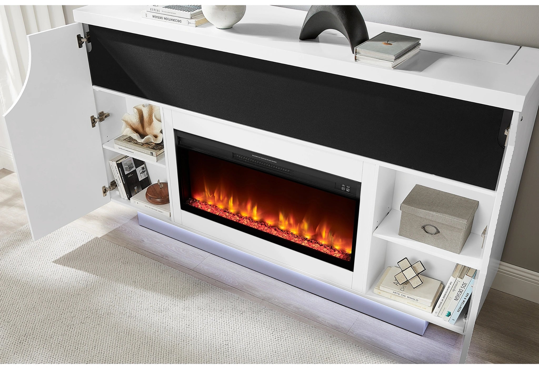 Aveena White 76" Ent Unit with TV, LED, Speakers, Crystal and Pop-Up