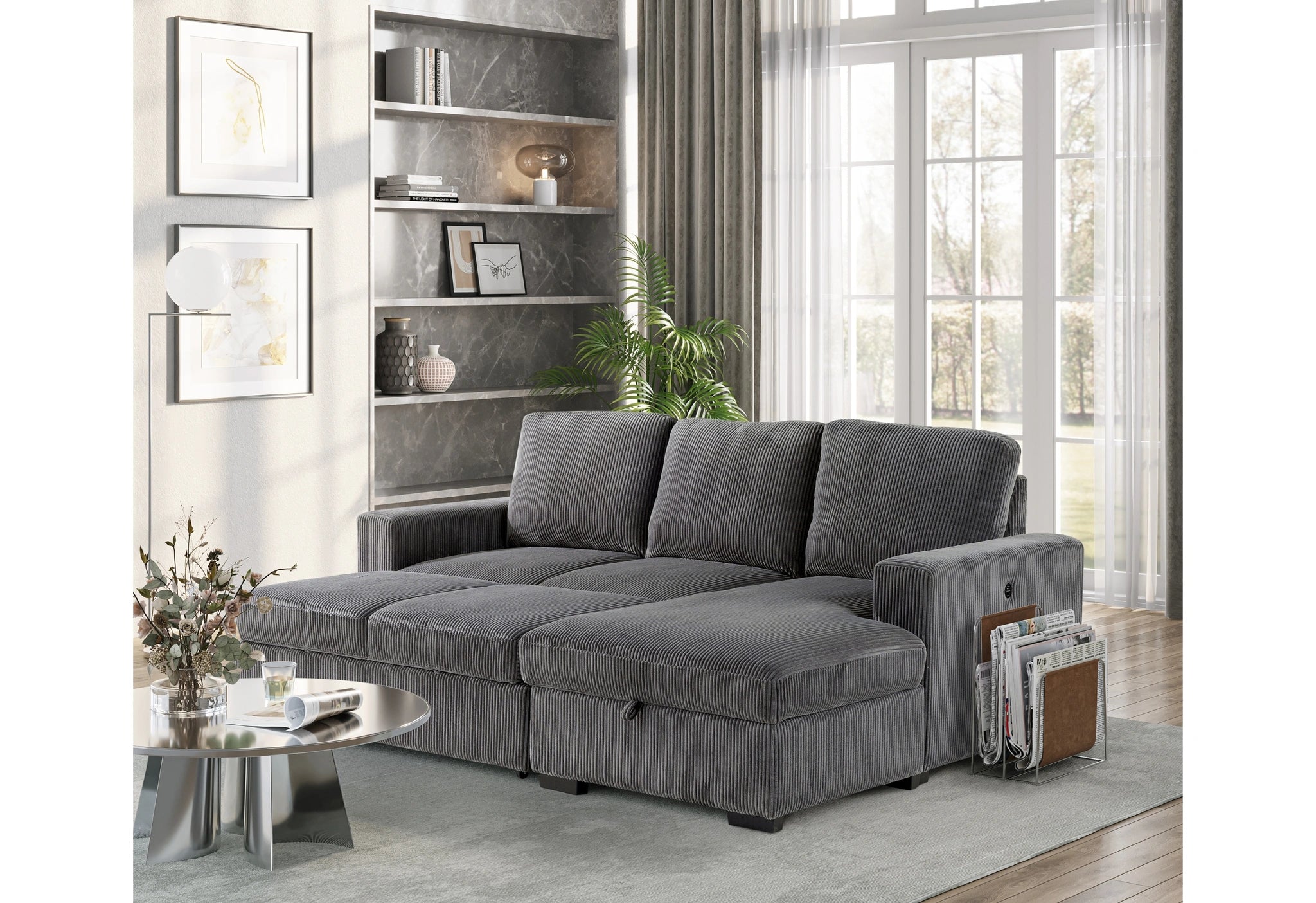 U2660 Grey L Sofa Bed Sectional with Pullout
