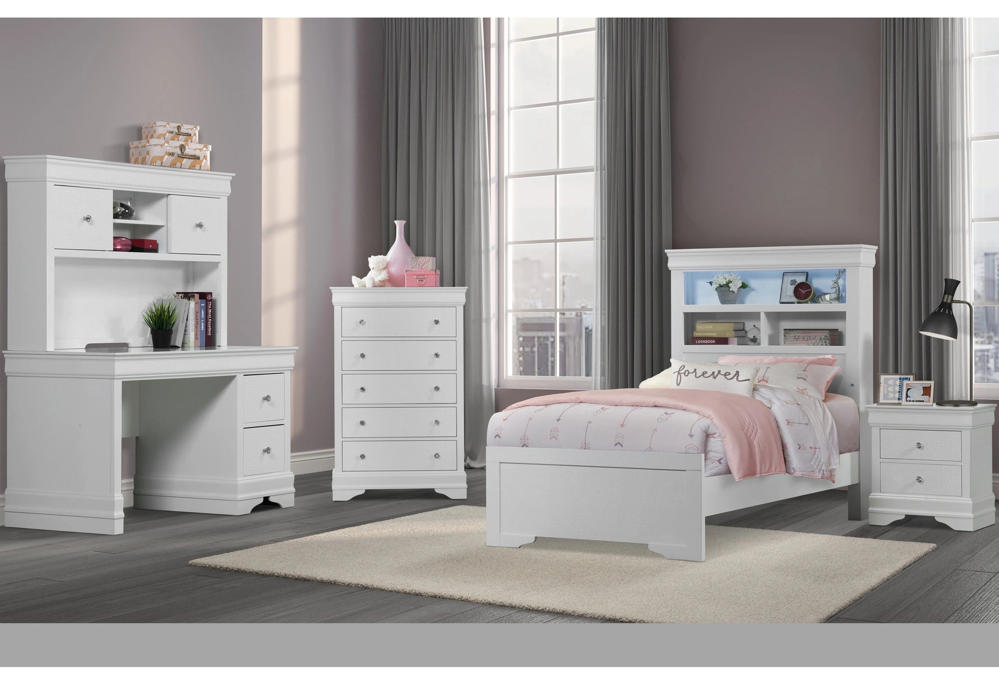 Pompei Metallic White Bookcase Twin Bed, Dresser, Mirror & Ns